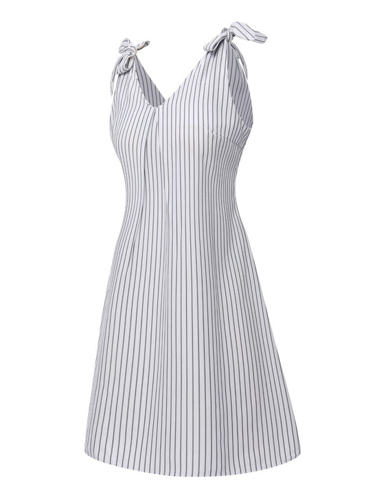 White Shoulder Tie V-Neck Stripe Dress