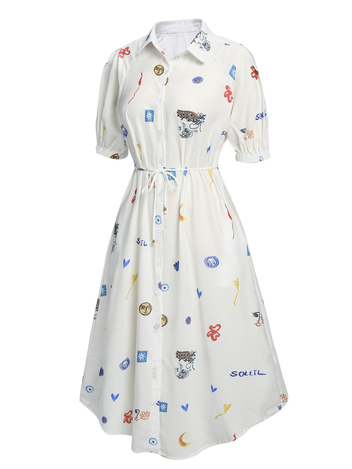 White Soleil Print Shirt Lapel Dress