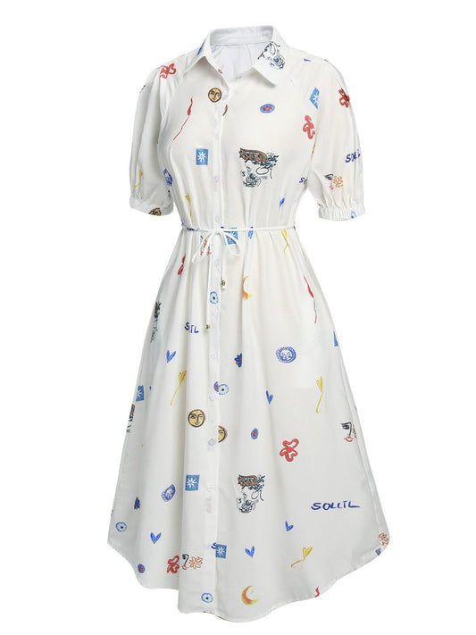 White Soleil Print Shirt Lapel Dress