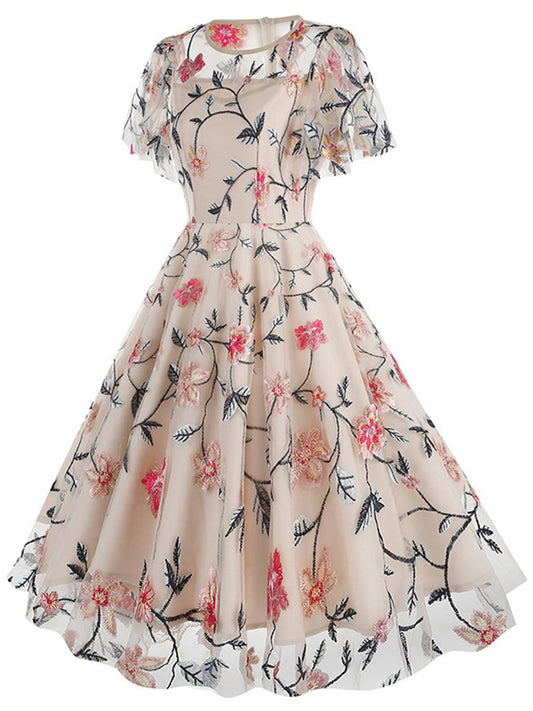 Flower Embroidered Mesh Swing Dress