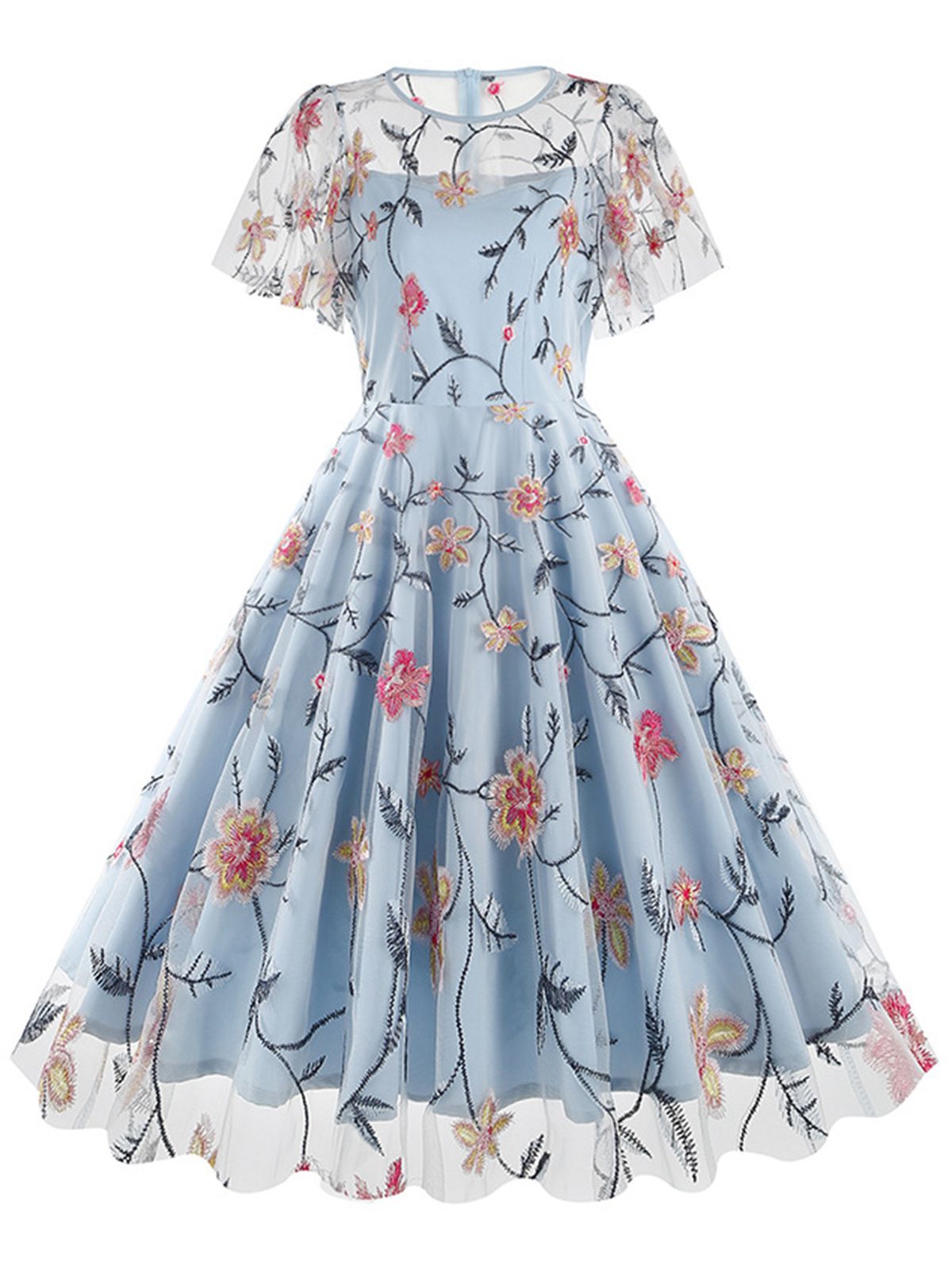 Flower Embroidered Mesh Swing Dress