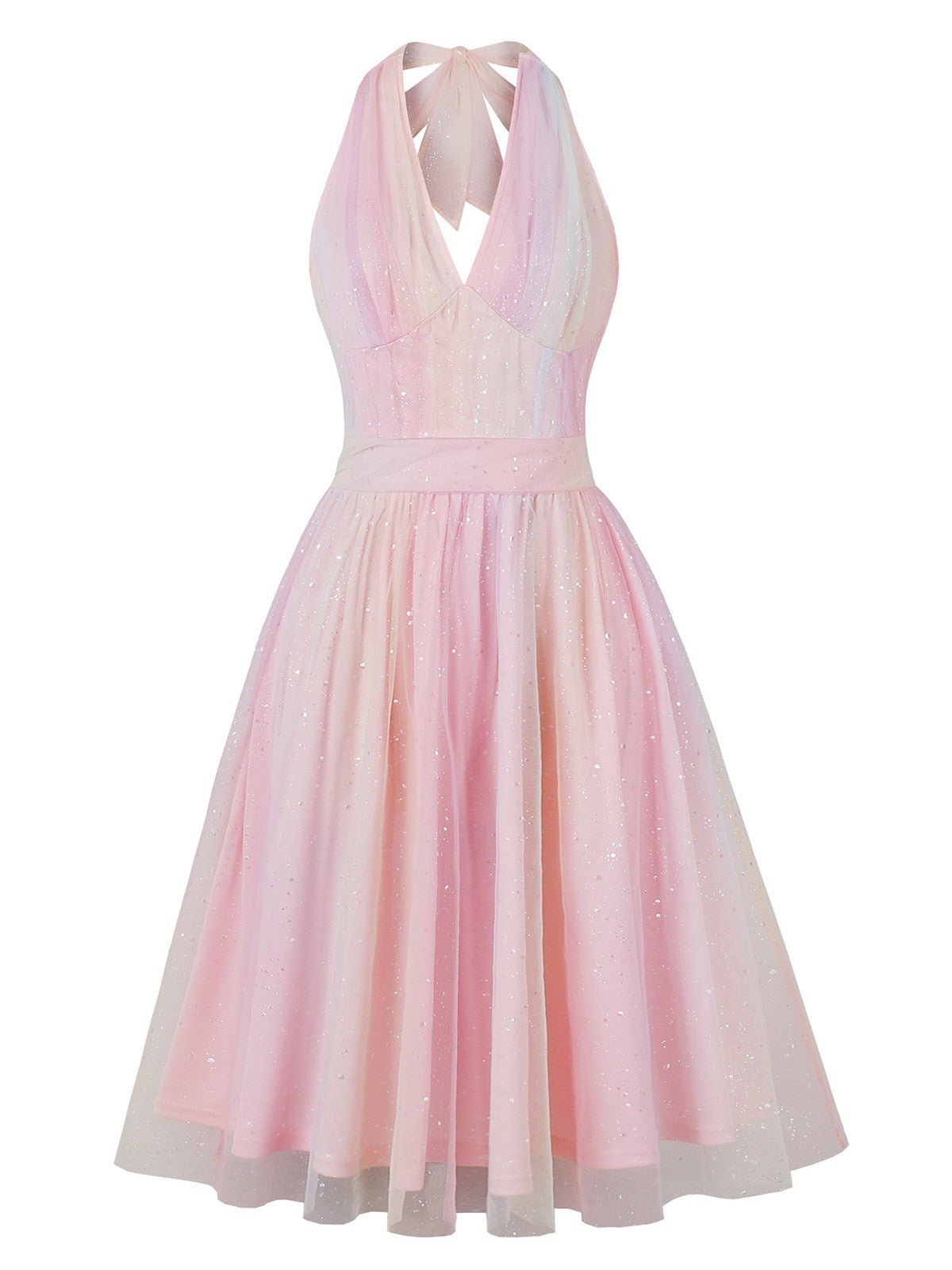 Pink Halter Mesh Sequined Dress