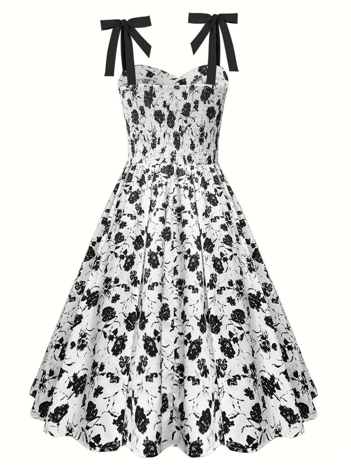 White Black Flowers Tie-Up Dress