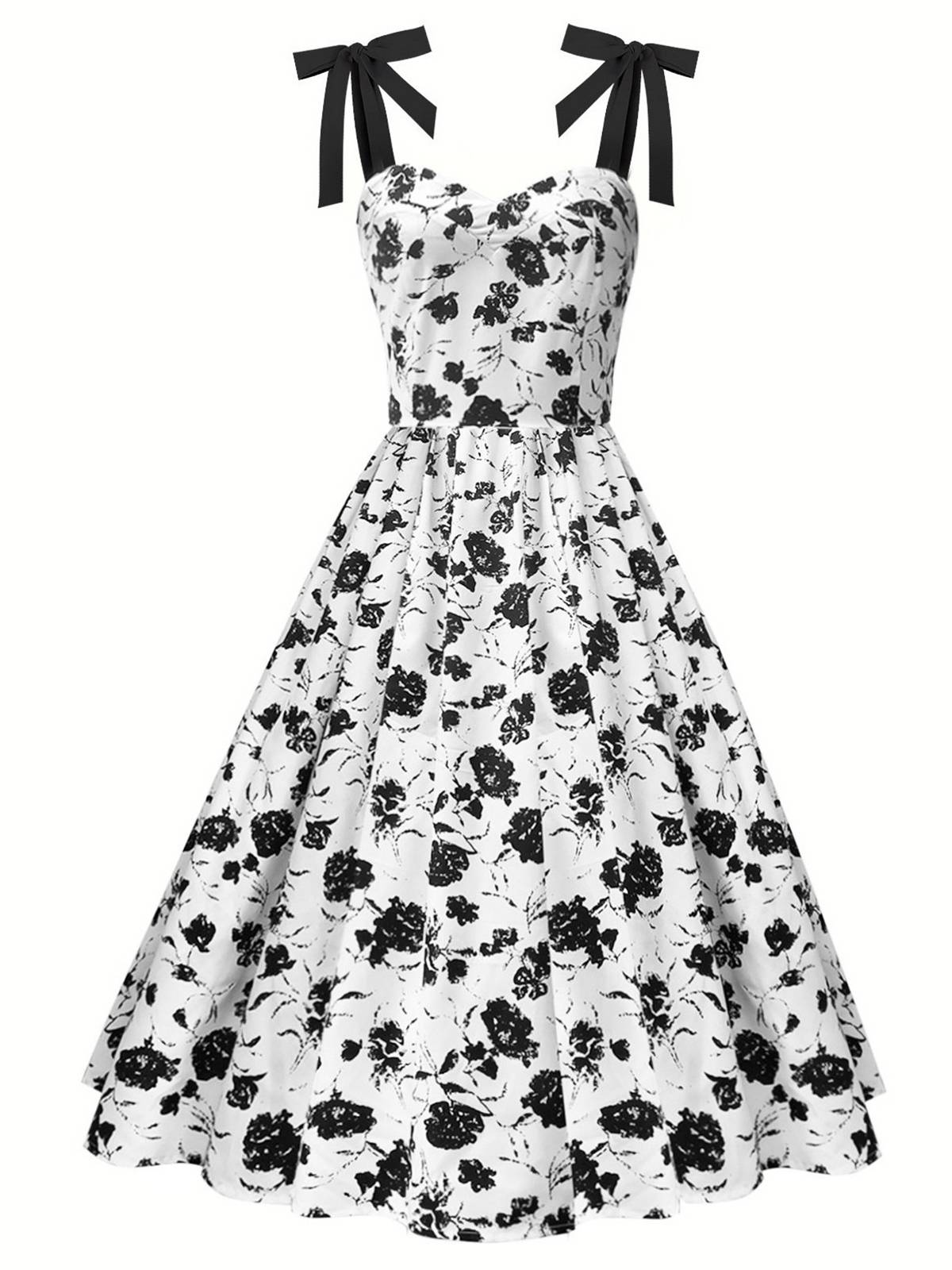 White Black Flowers Tie-Up Dress