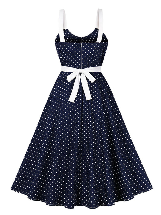 Blue Strap Polka Dot Bow Belted Dress