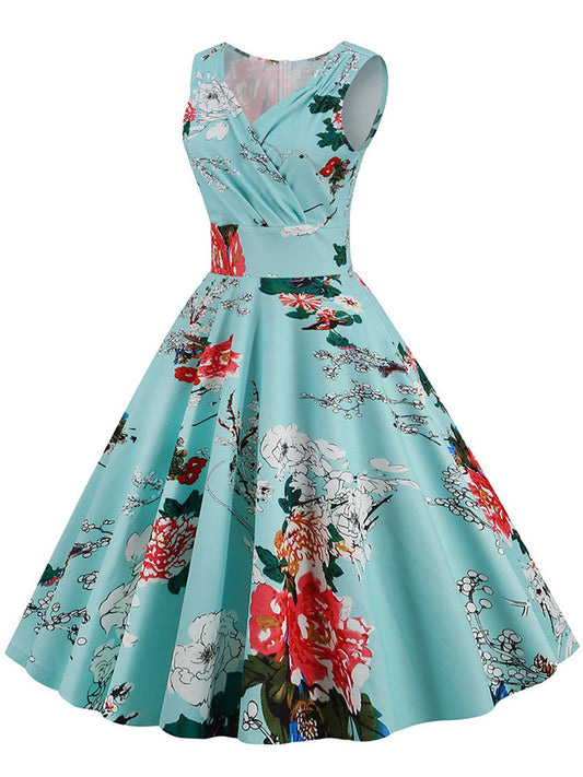 Blue Floral Heart Collar Swing Dress