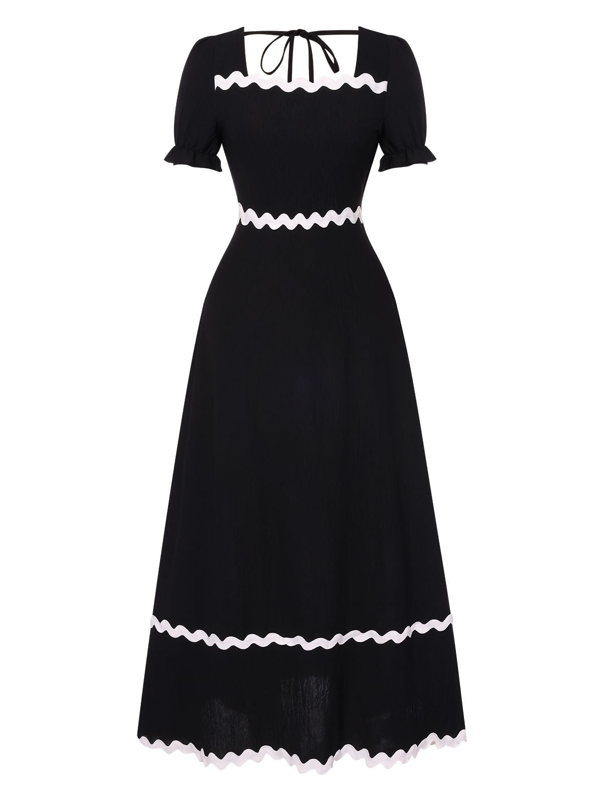 Black Square Neck Lace-Up Puff Sleeve Dress