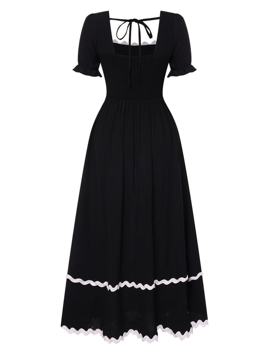 Black Square Neck Lace-Up Puff Sleeve Dress