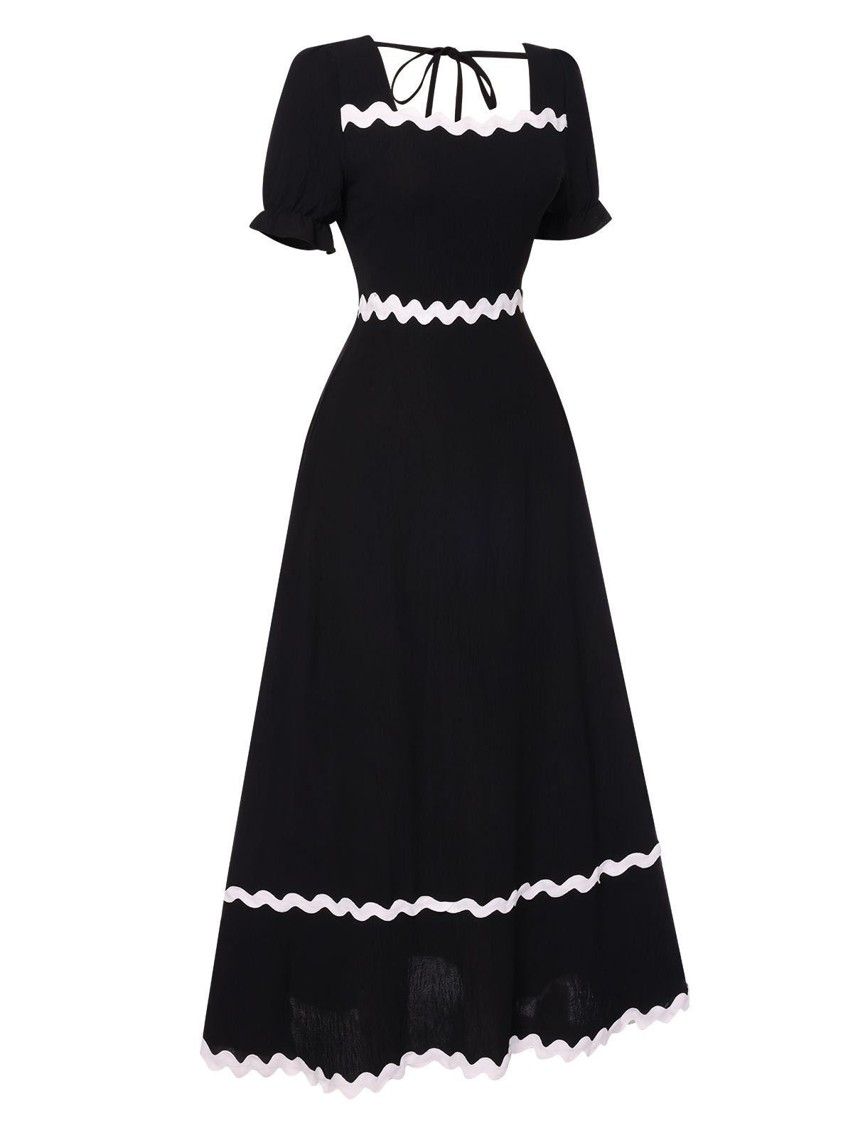 Black Square Neck Lace-Up Puff Sleeve Dress