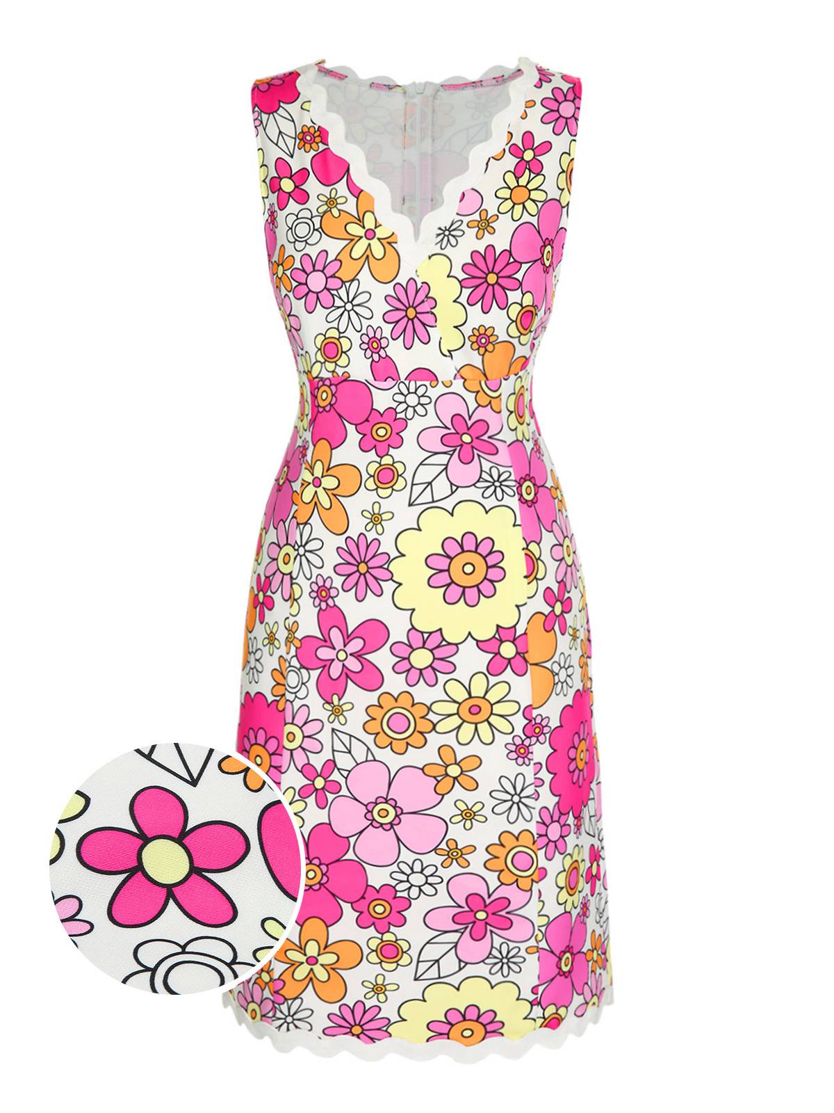 Pink  V-Neck Cartoon Flowers Pencil Dress