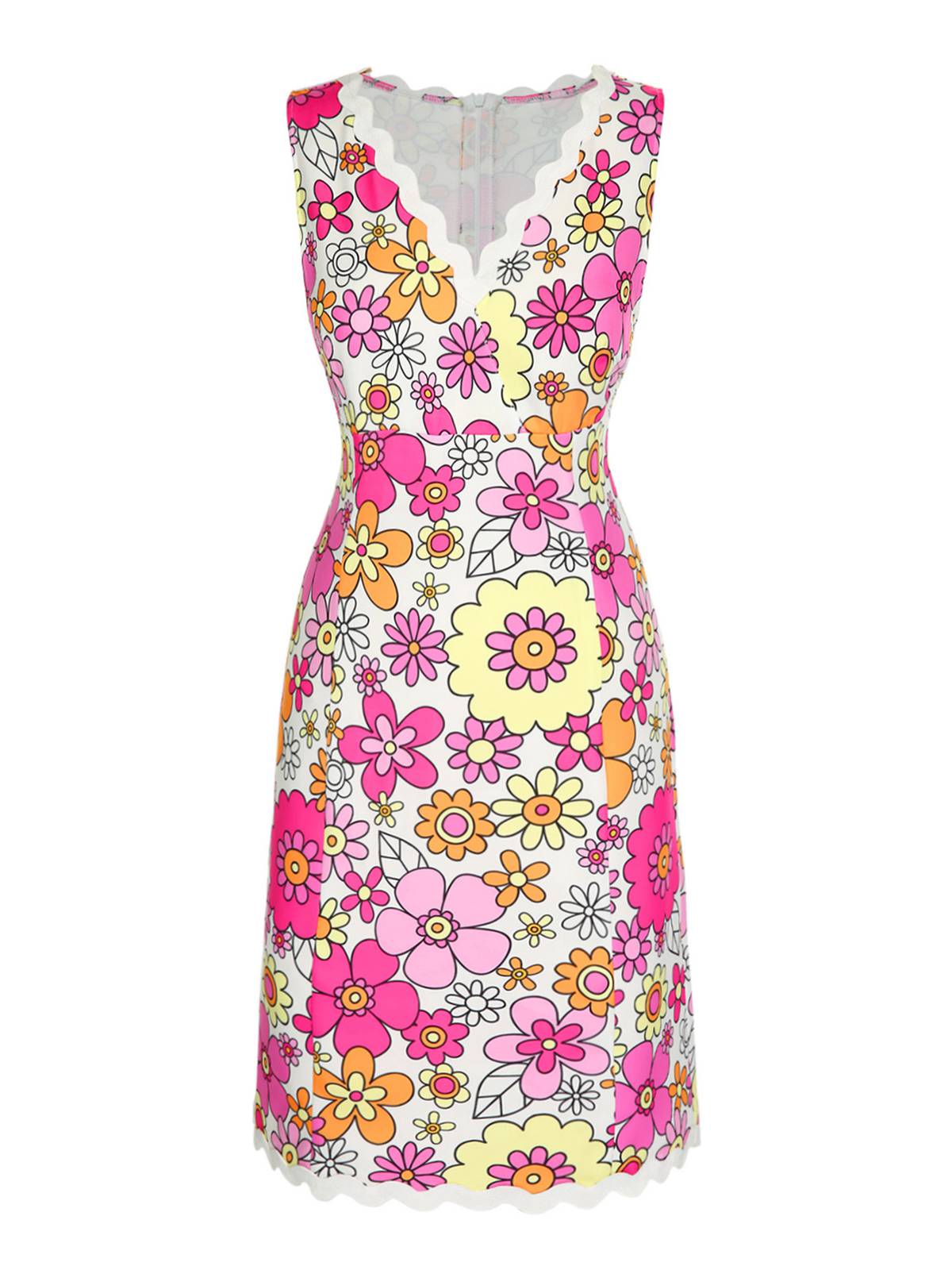 Pink  V-Neck Cartoon Flowers Pencil Dress