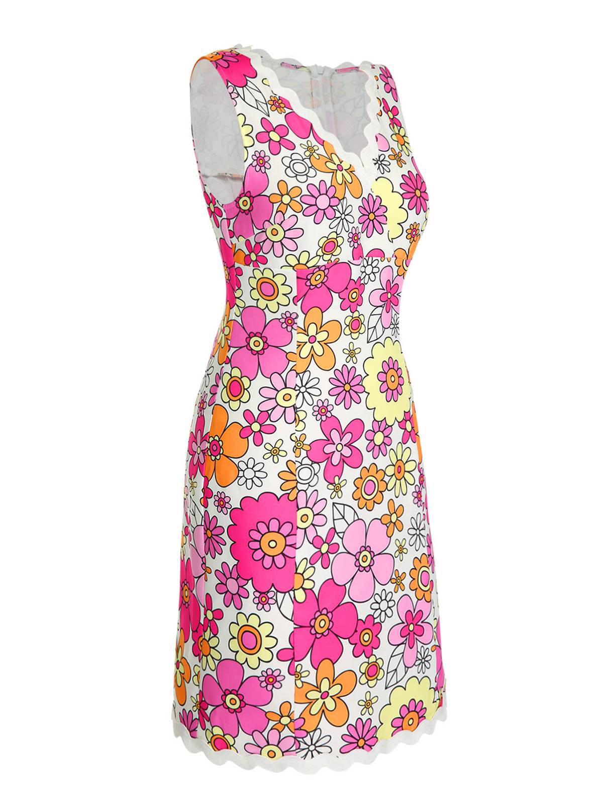 Pink  V-Neck Cartoon Flowers Pencil Dress