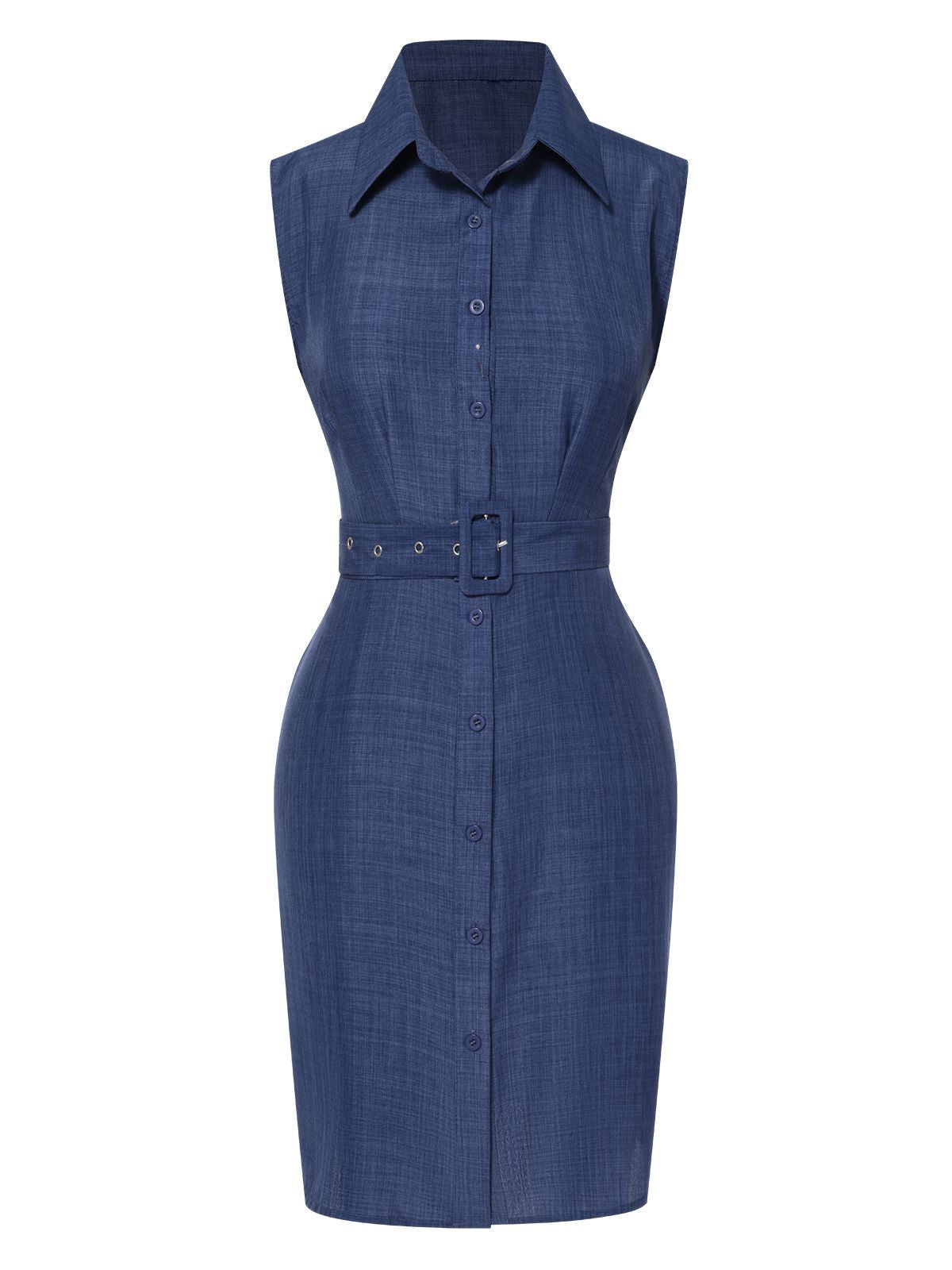 Blue  Lapel Sleeveless Belted Dress