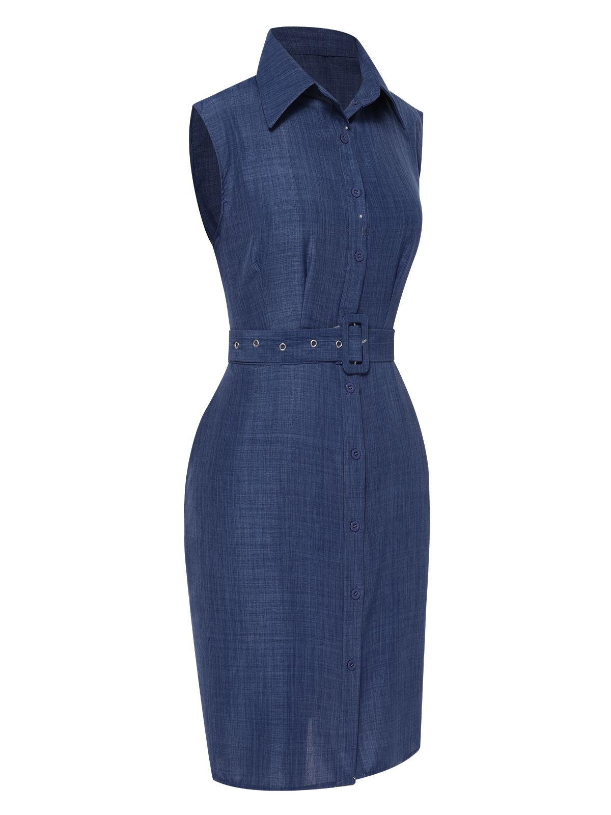 Blue  Lapel Sleeveless Belted Dress