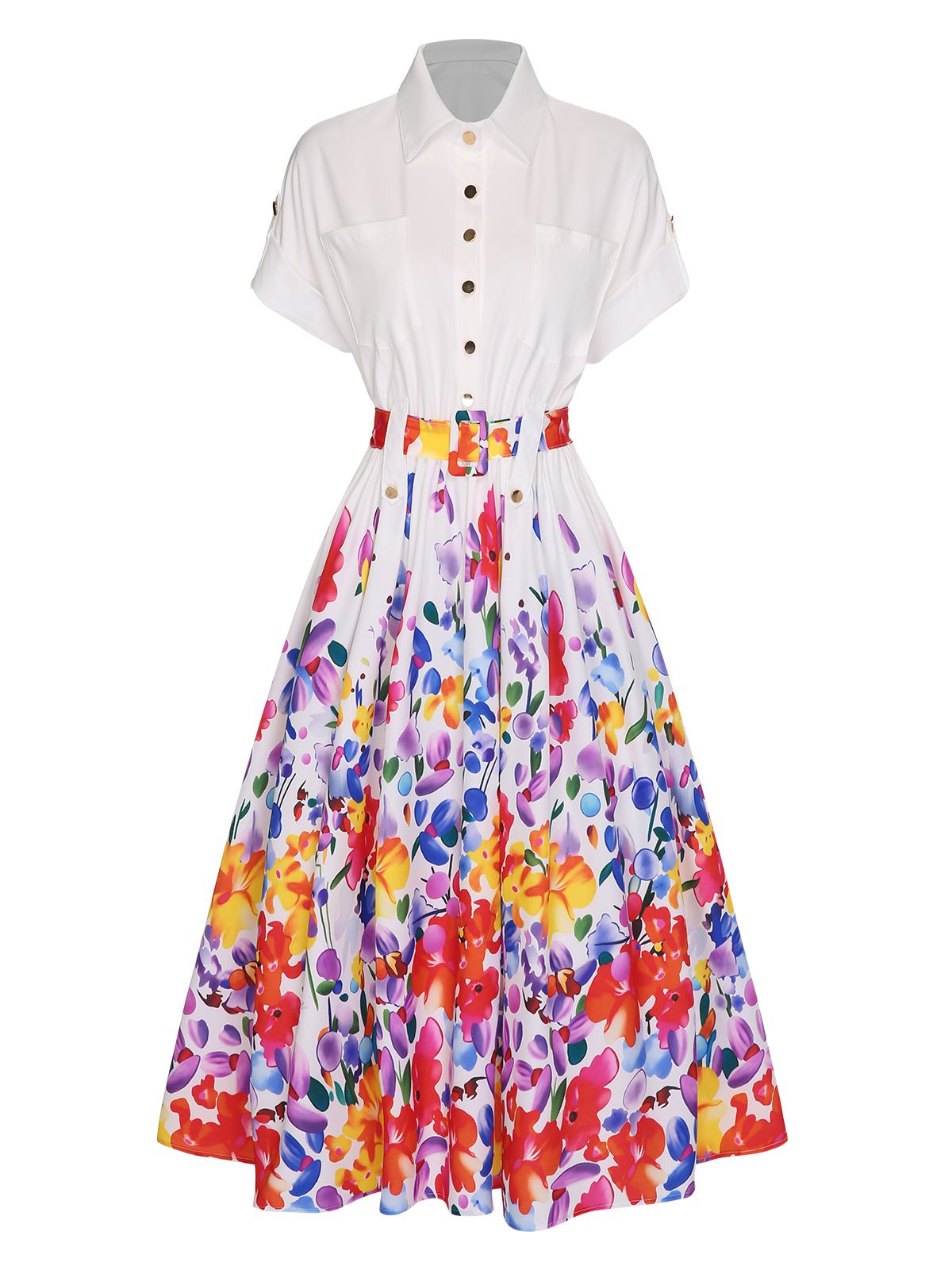 White Floral Shirt Collar Belt Dress