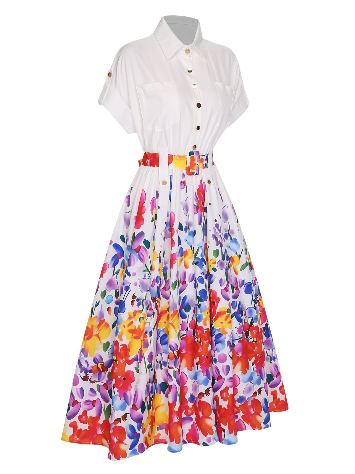 White Floral Shirt Collar Belt Dress