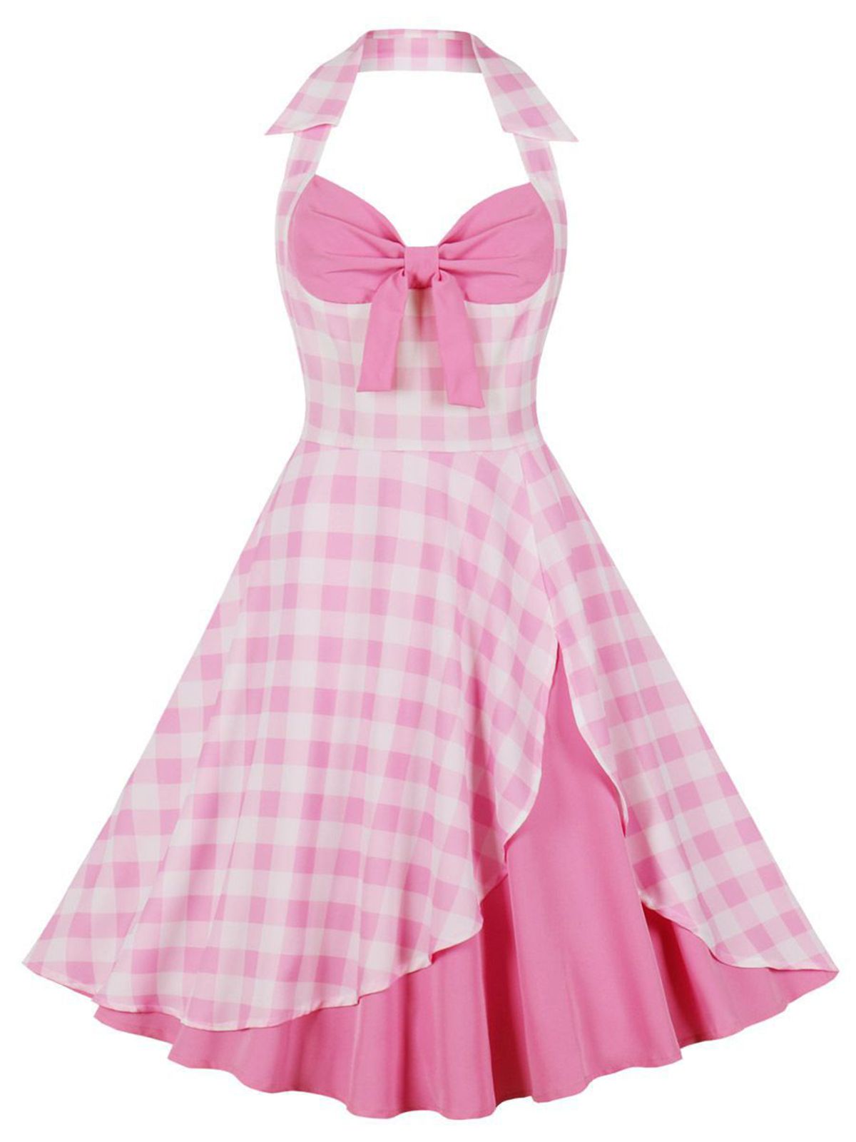 Pink Halter Plaids Patchwork Dress