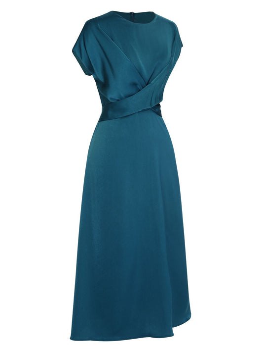 Blue Solid Irregular Waist Dress