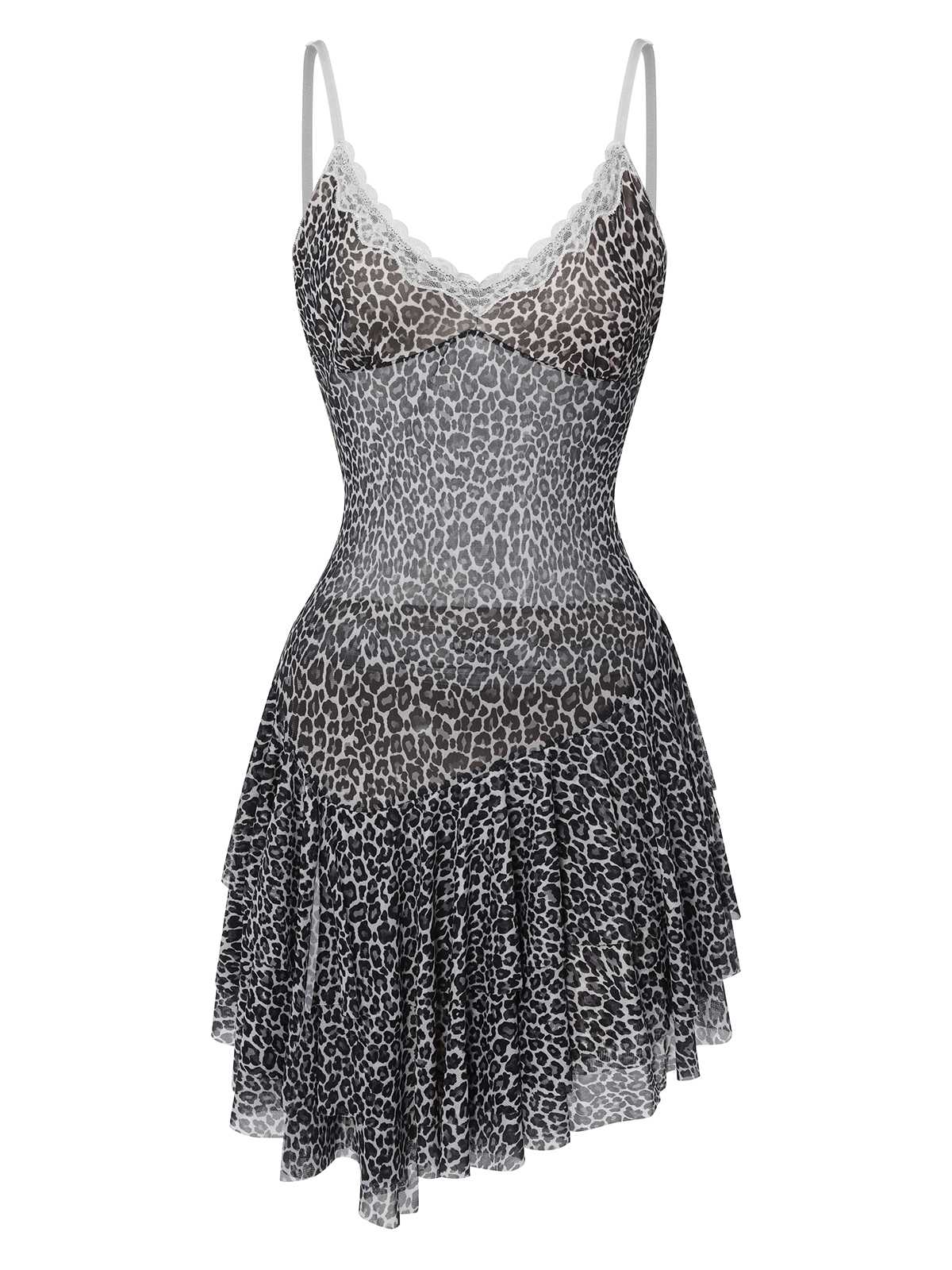 Dark Gray  Spaghetti Strap Lace Leopard Dress