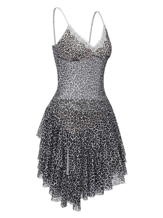 Dark Gray  Spaghetti Strap Lace Leopard Dress