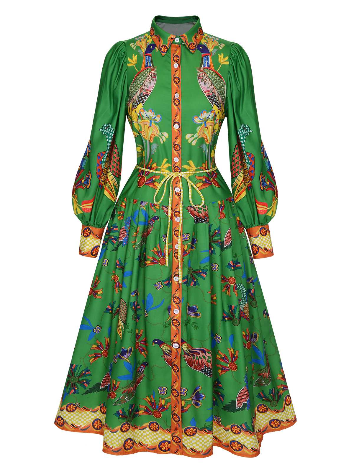 Green Peacock Lantern Sleeve Shirt Dress