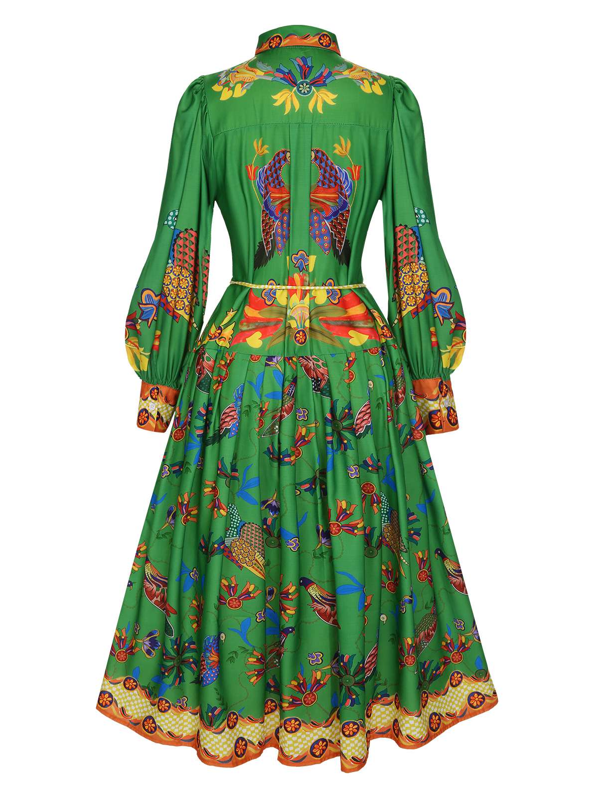 Green Peacock Lantern Sleeve Shirt Dress