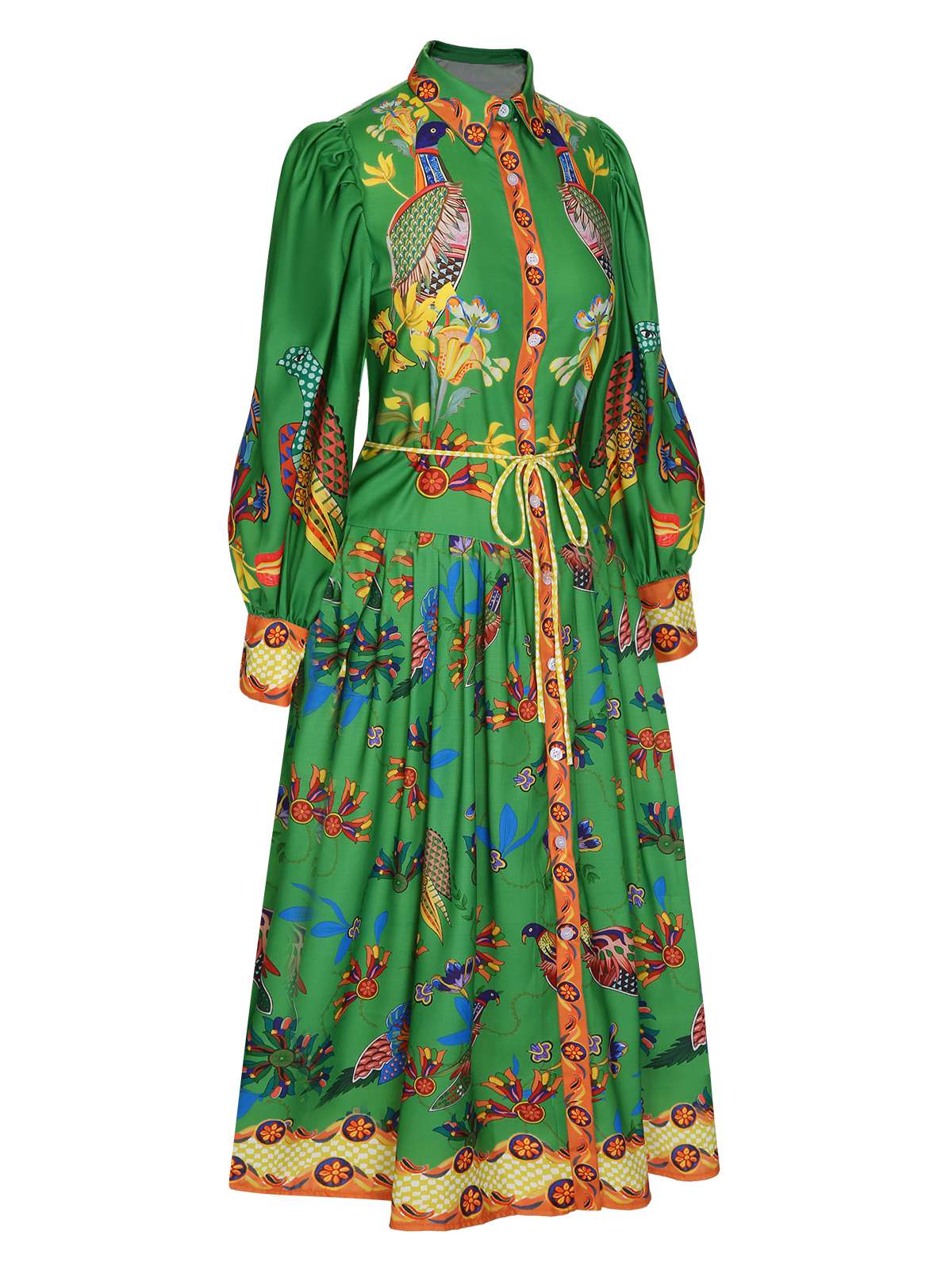 Green Peacock Lantern Sleeve Shirt Dress