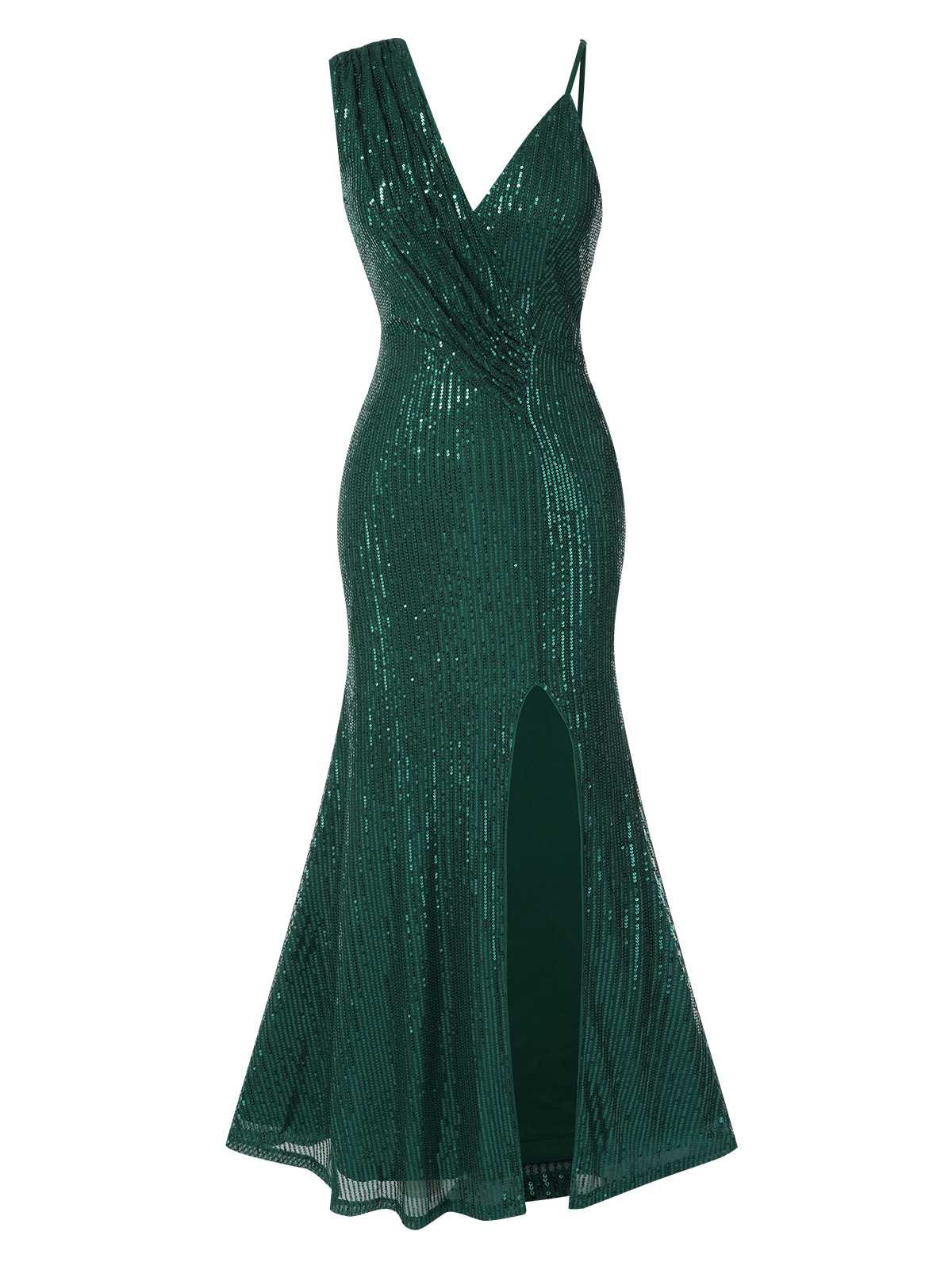 Green Sequined V-Neck Irregular Straps Dress