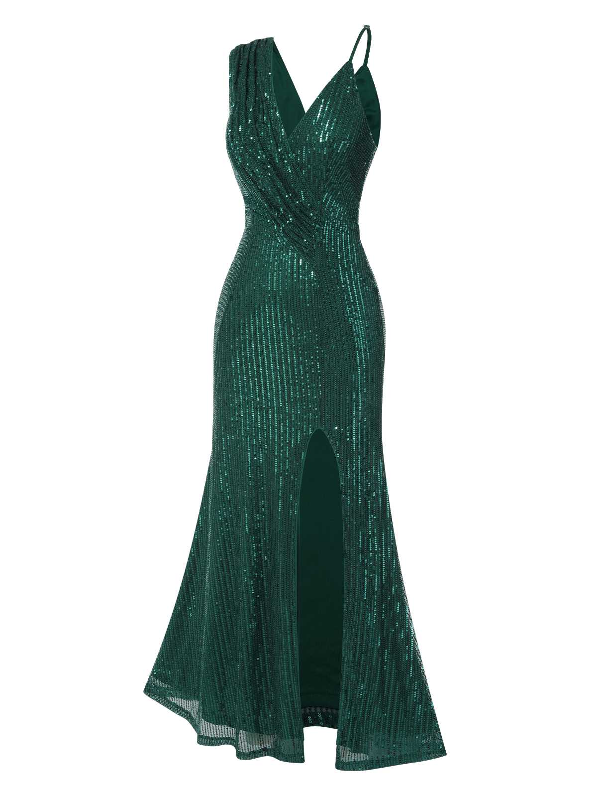 Green Sequined V-Neck Irregular Straps Dress