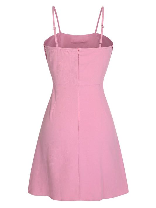 Pink Solid Spaghetti Straps Bow Dress