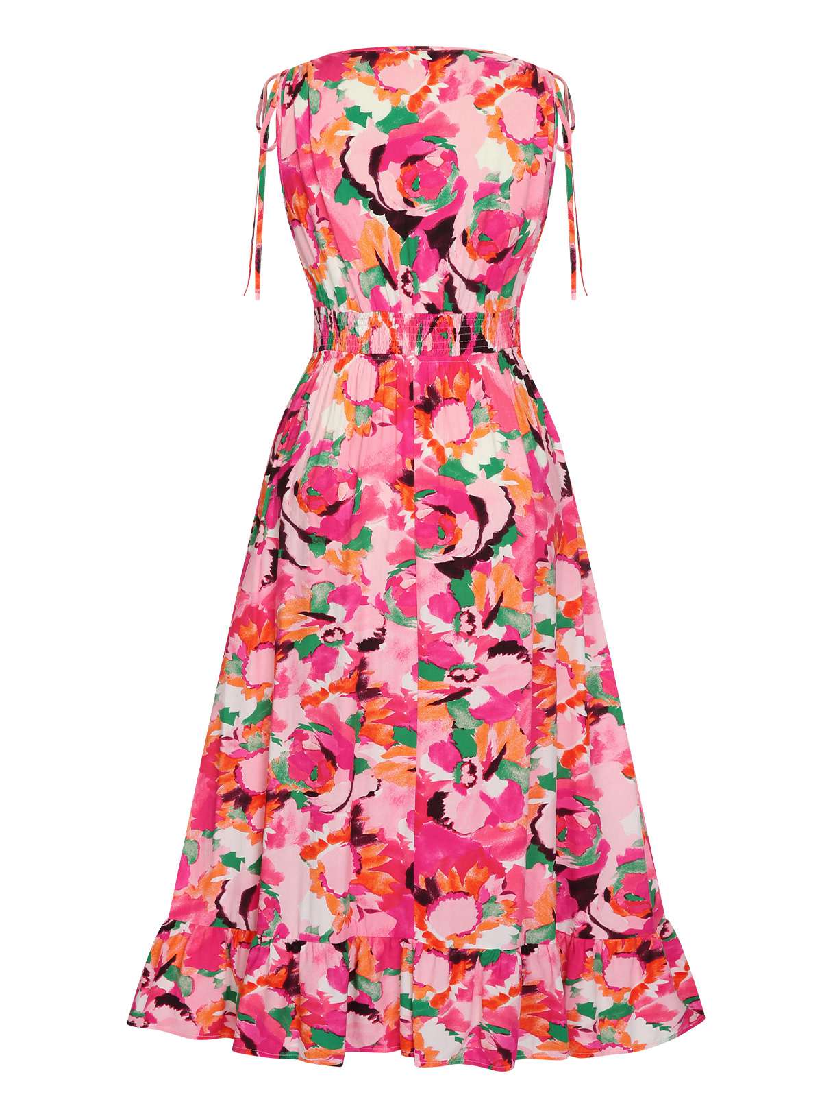 Rose Red Floral V-Neck Elastic Waist Dress