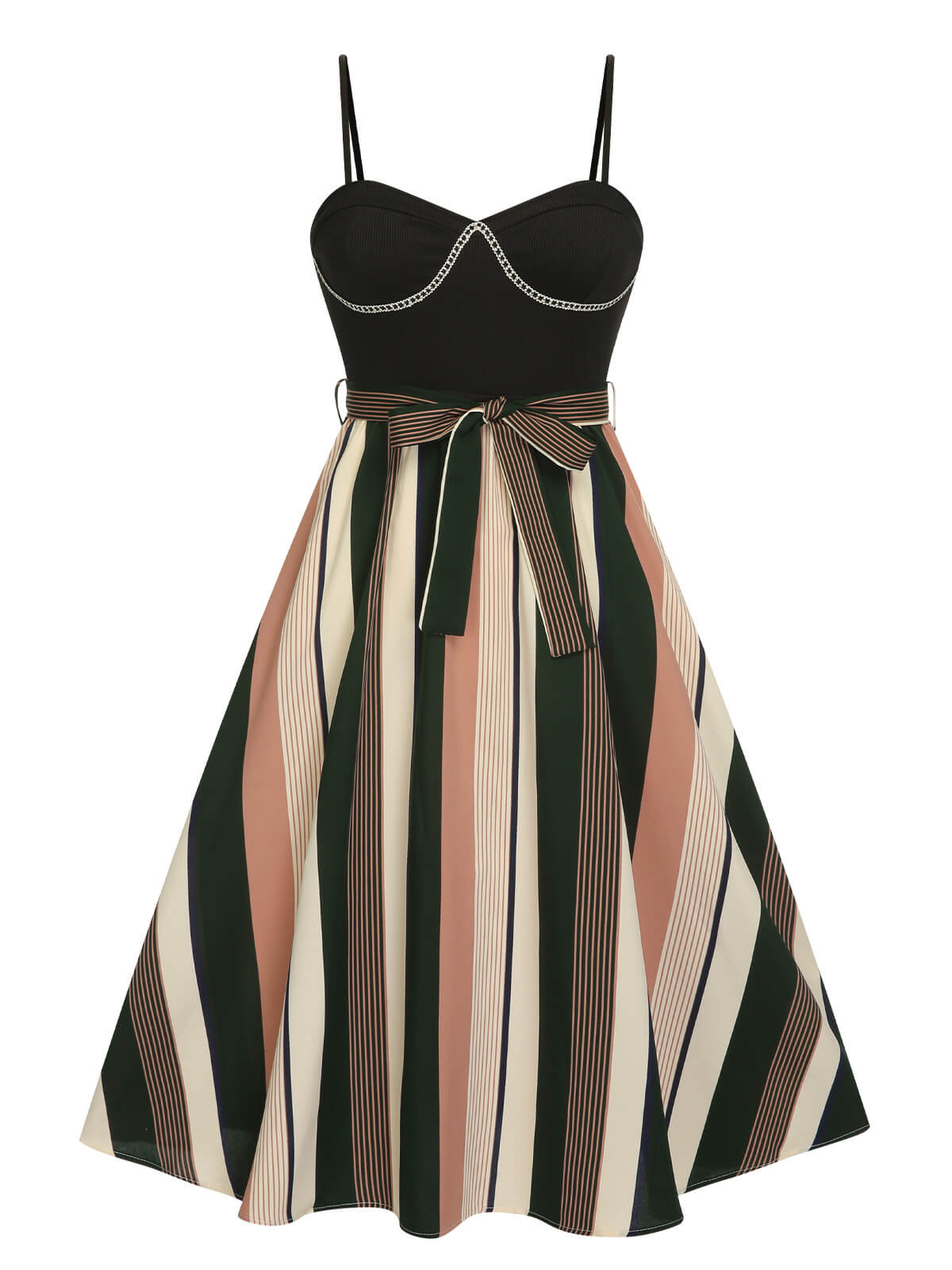 Black Waist Tie Stripe Straps Dress