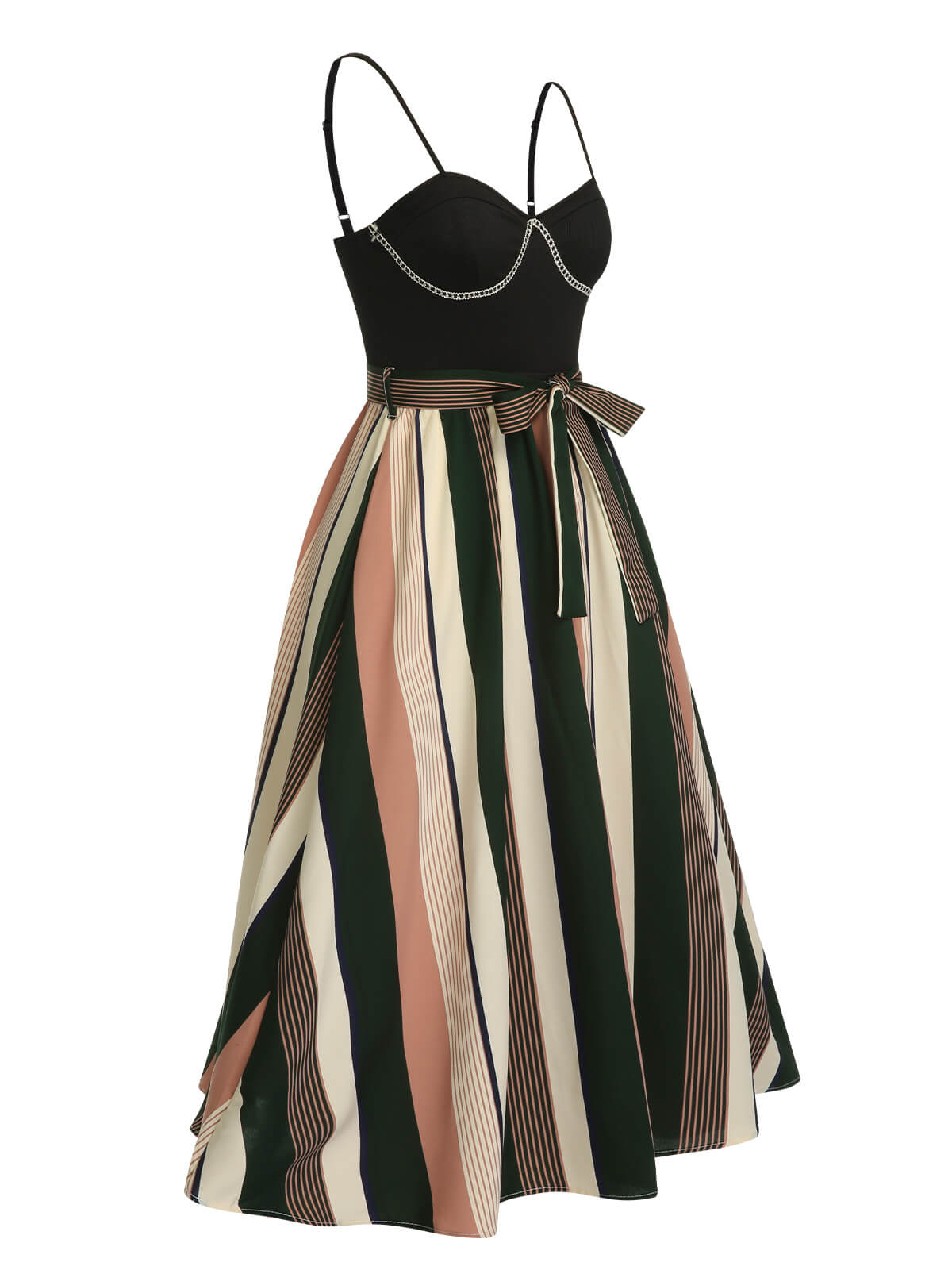 Black Waist Tie Stripe Straps Dress