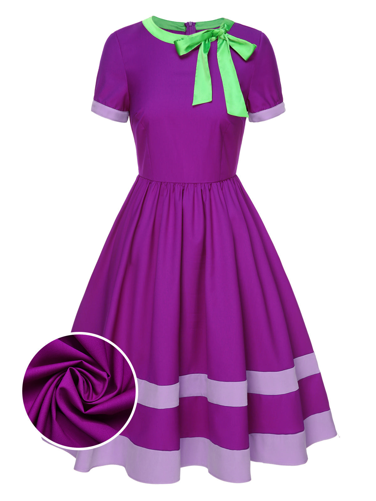 Purple Solid Spliced Tie Neck Dress