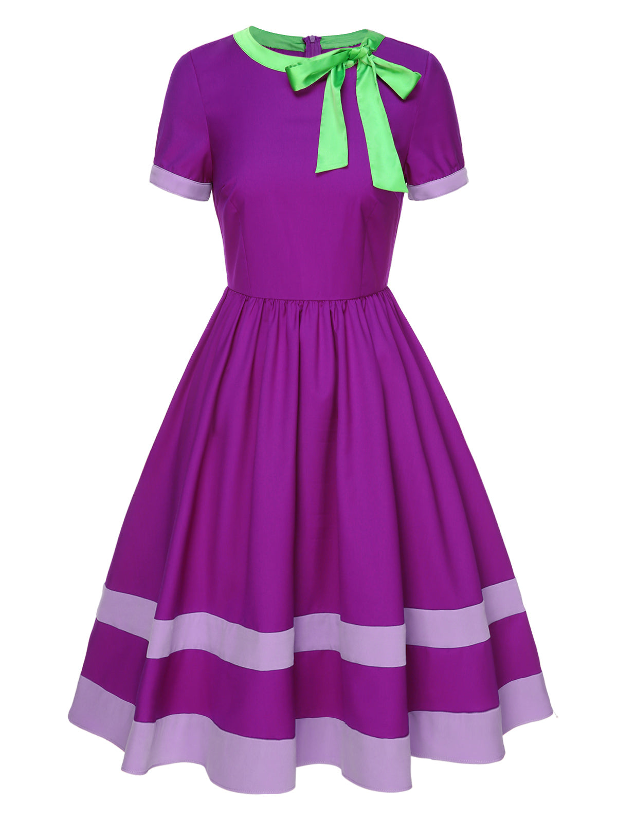 Purple Solid Spliced Tie Neck Dress