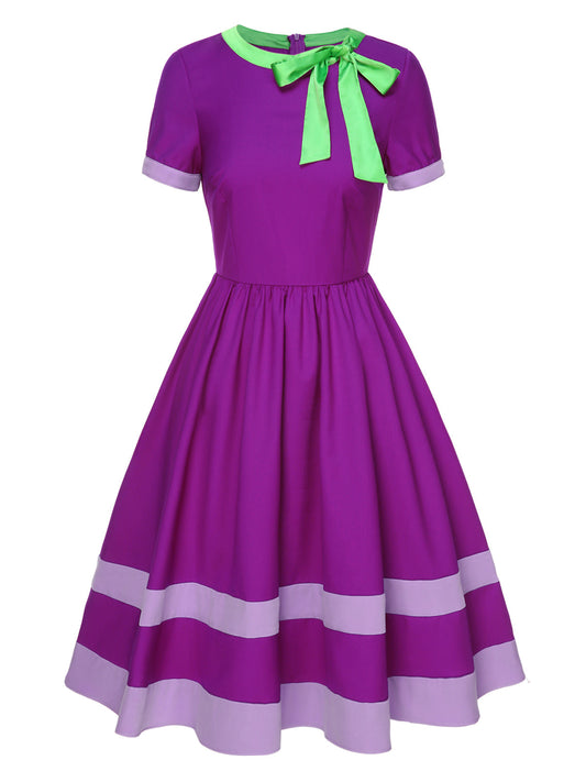 Purple Solid Spliced Tie Neck Dress