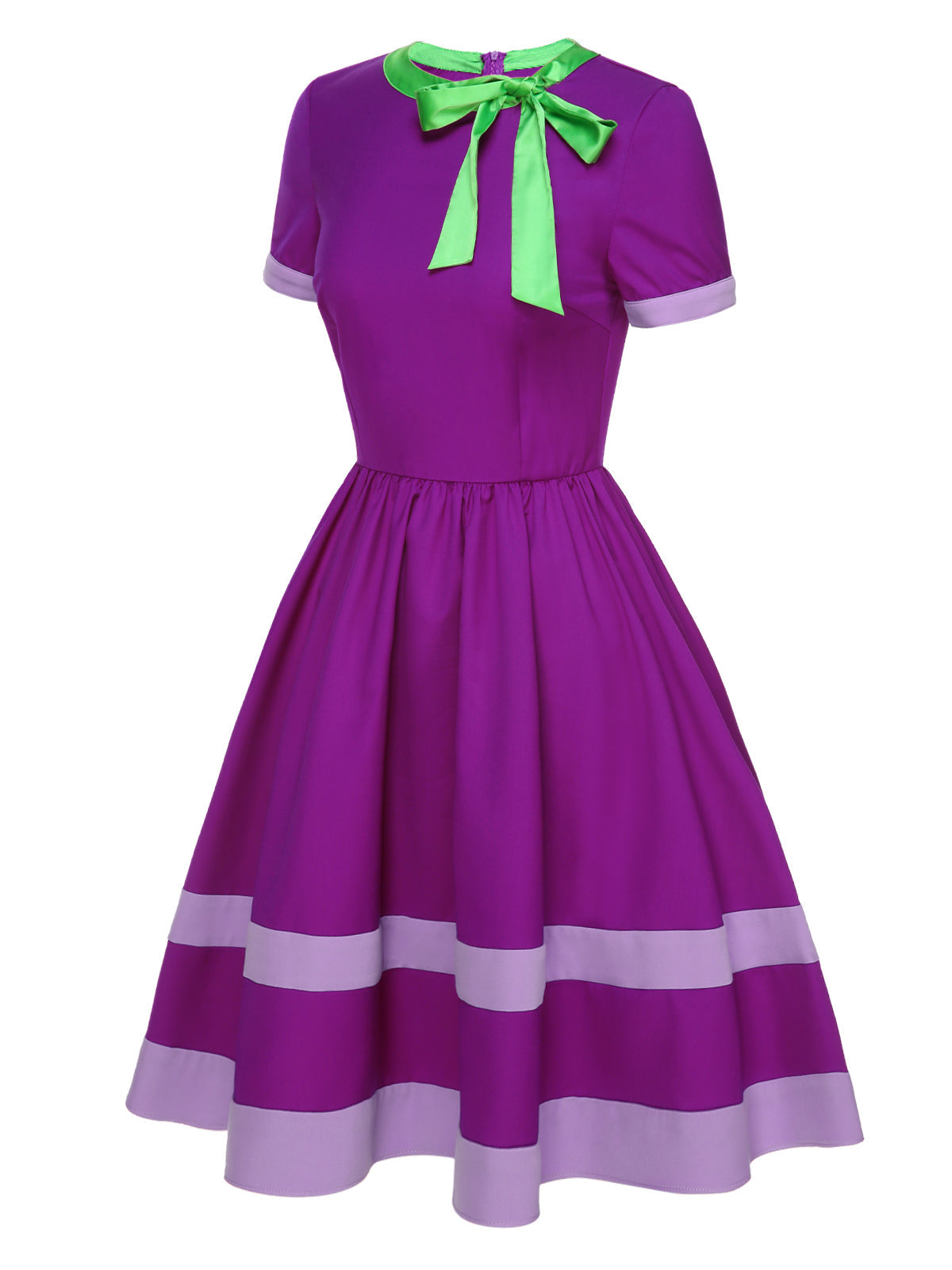 Purple Solid Spliced Tie Neck Dress