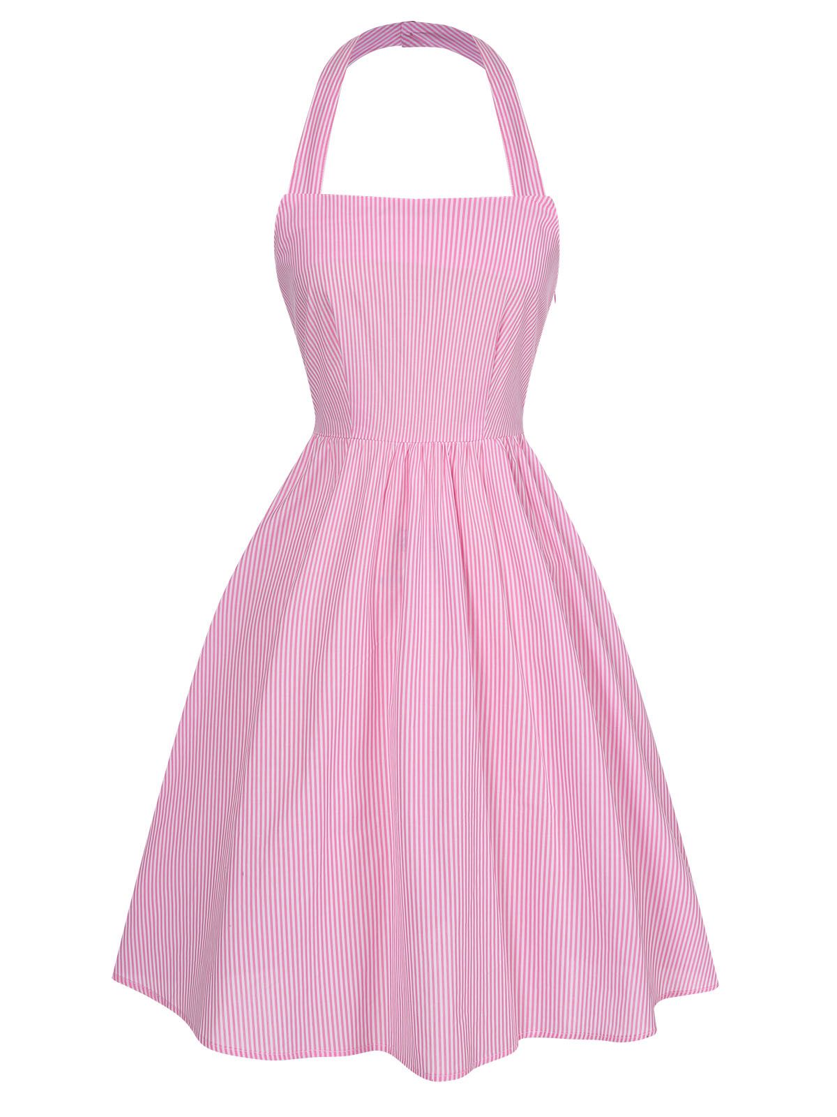 Pink Back Bow Stripe Halter Dress