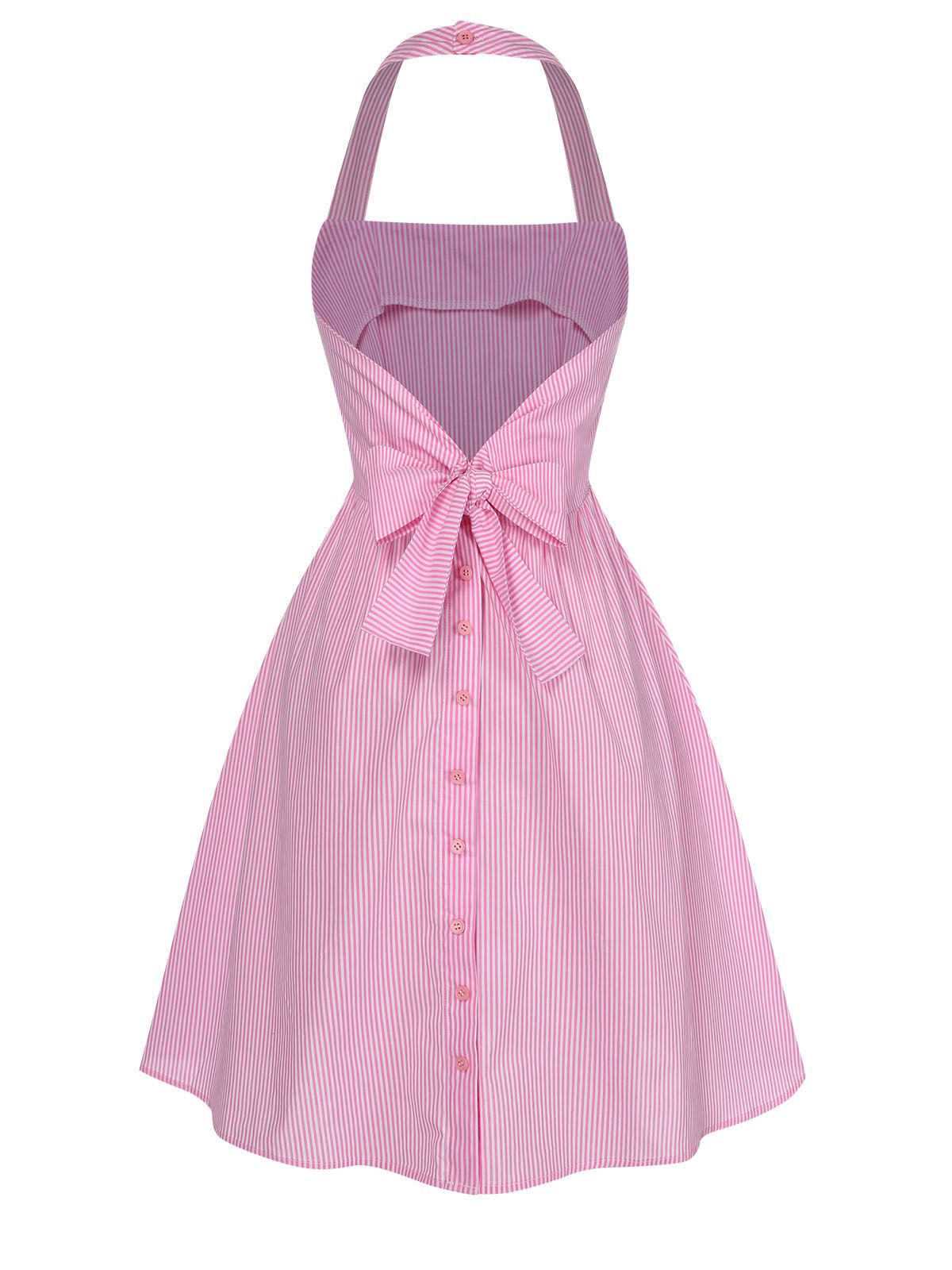 Pink Back Bow Stripe Halter Dress