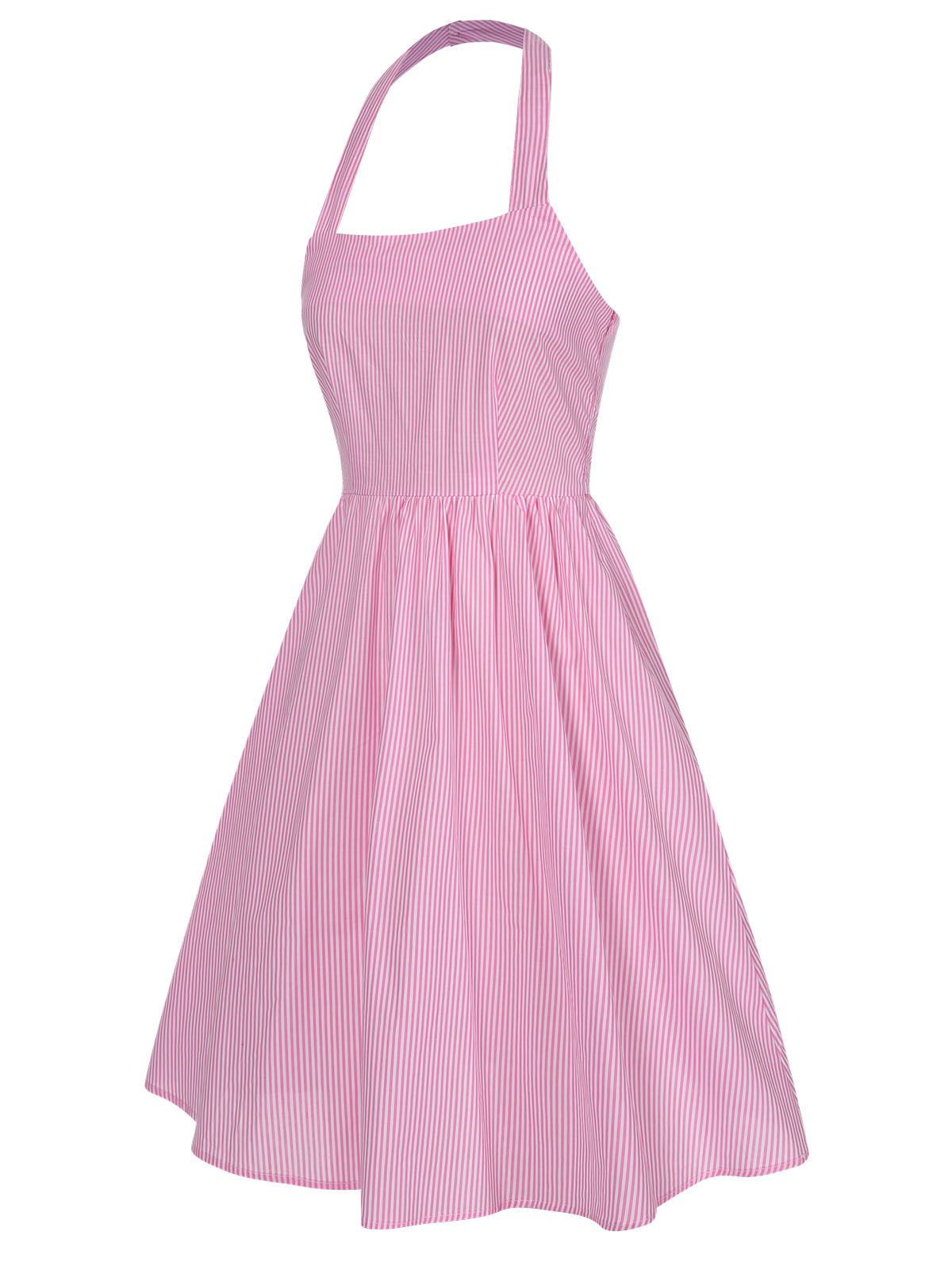 Pink Back Bow Stripe Halter Dress