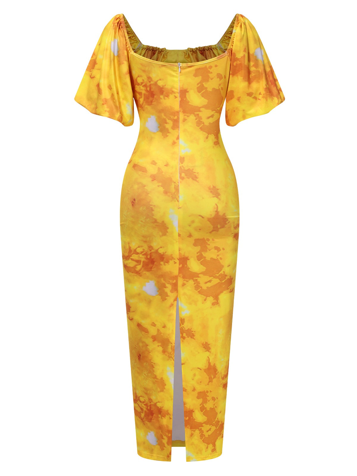 Yellow Puff Sleeves Square Neck Dress