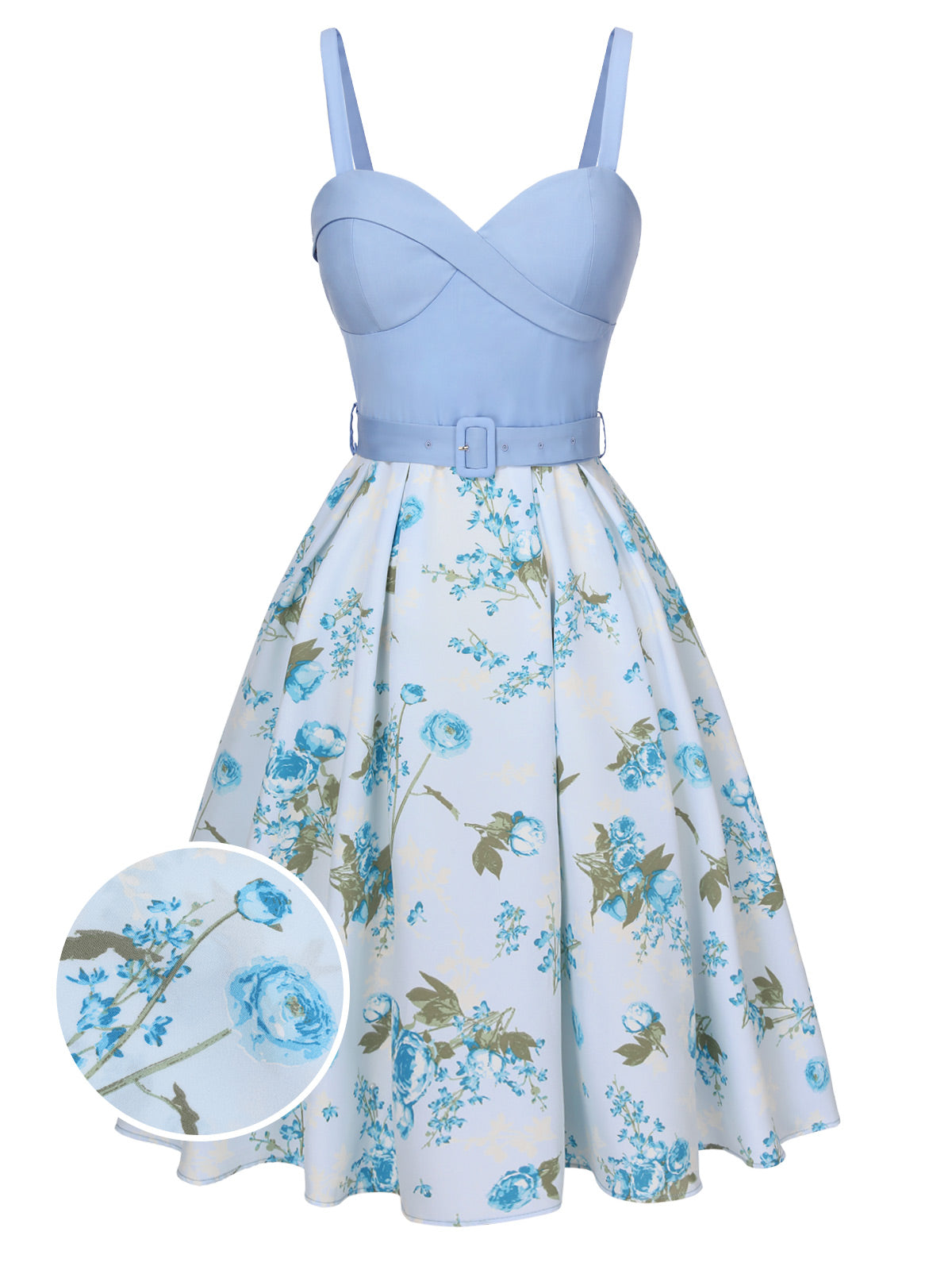 Blue Spaghetti Strap Floral Belted Dress