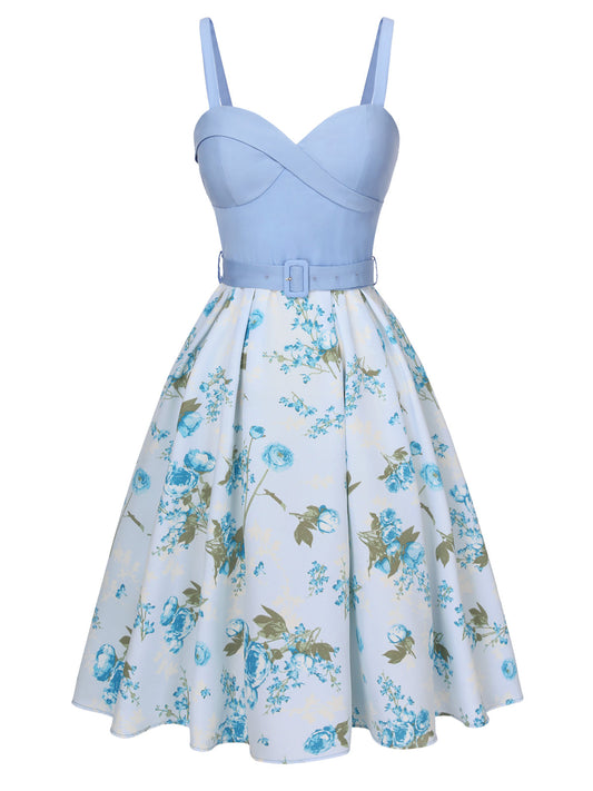 Blue Spaghetti Strap Floral Belted Dress