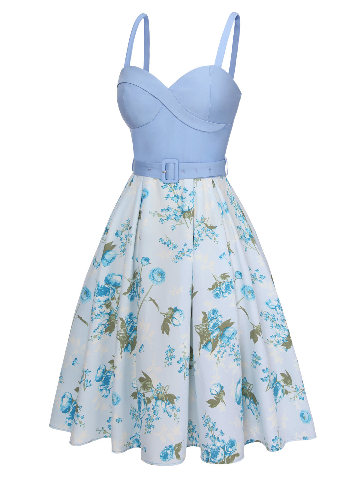 Blue Spaghetti Strap Floral Belted Dress