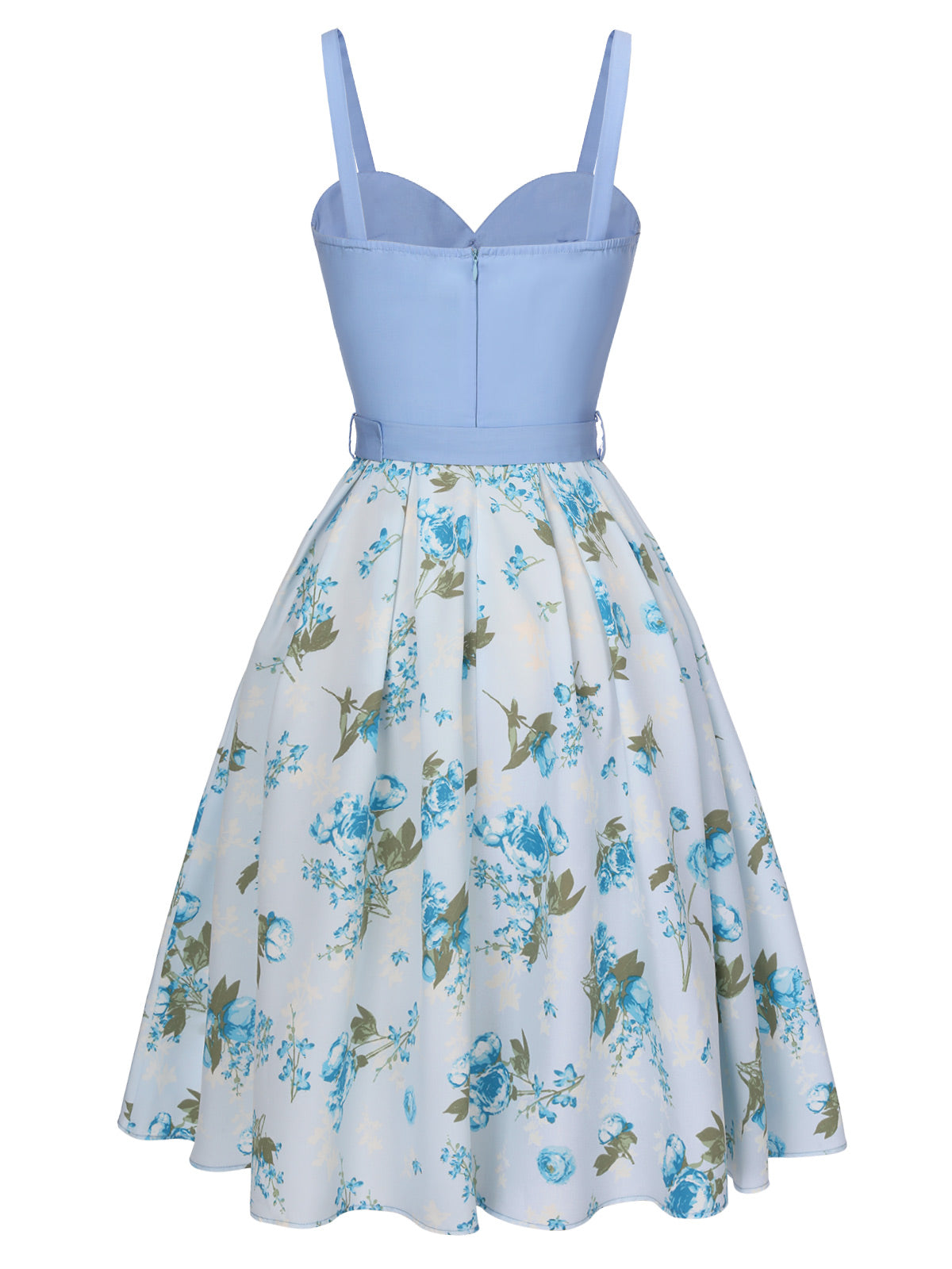 Blue Spaghetti Strap Floral Belted Dress