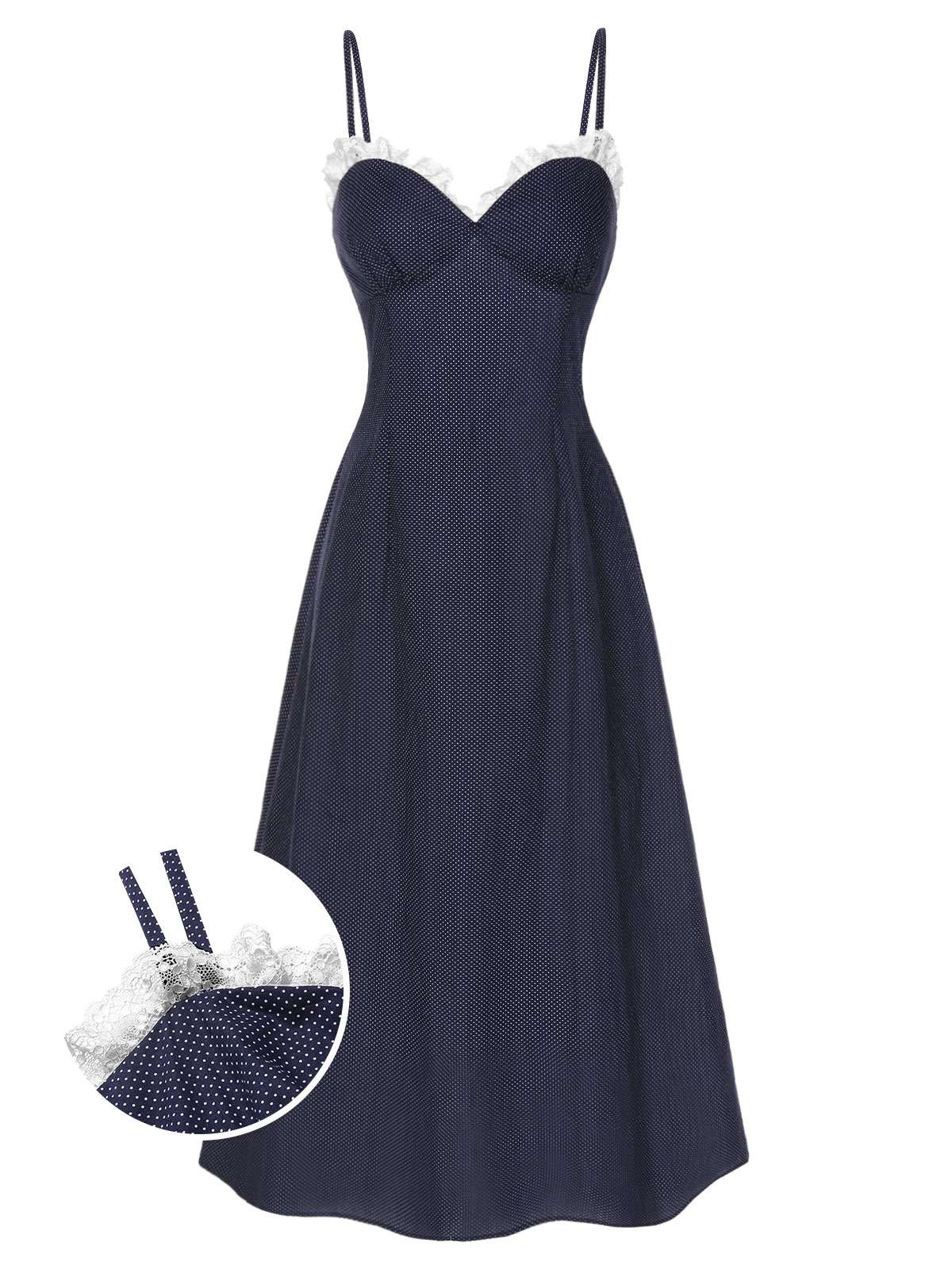 Dark Blue Polka Dots Spaghetti Straps Dress