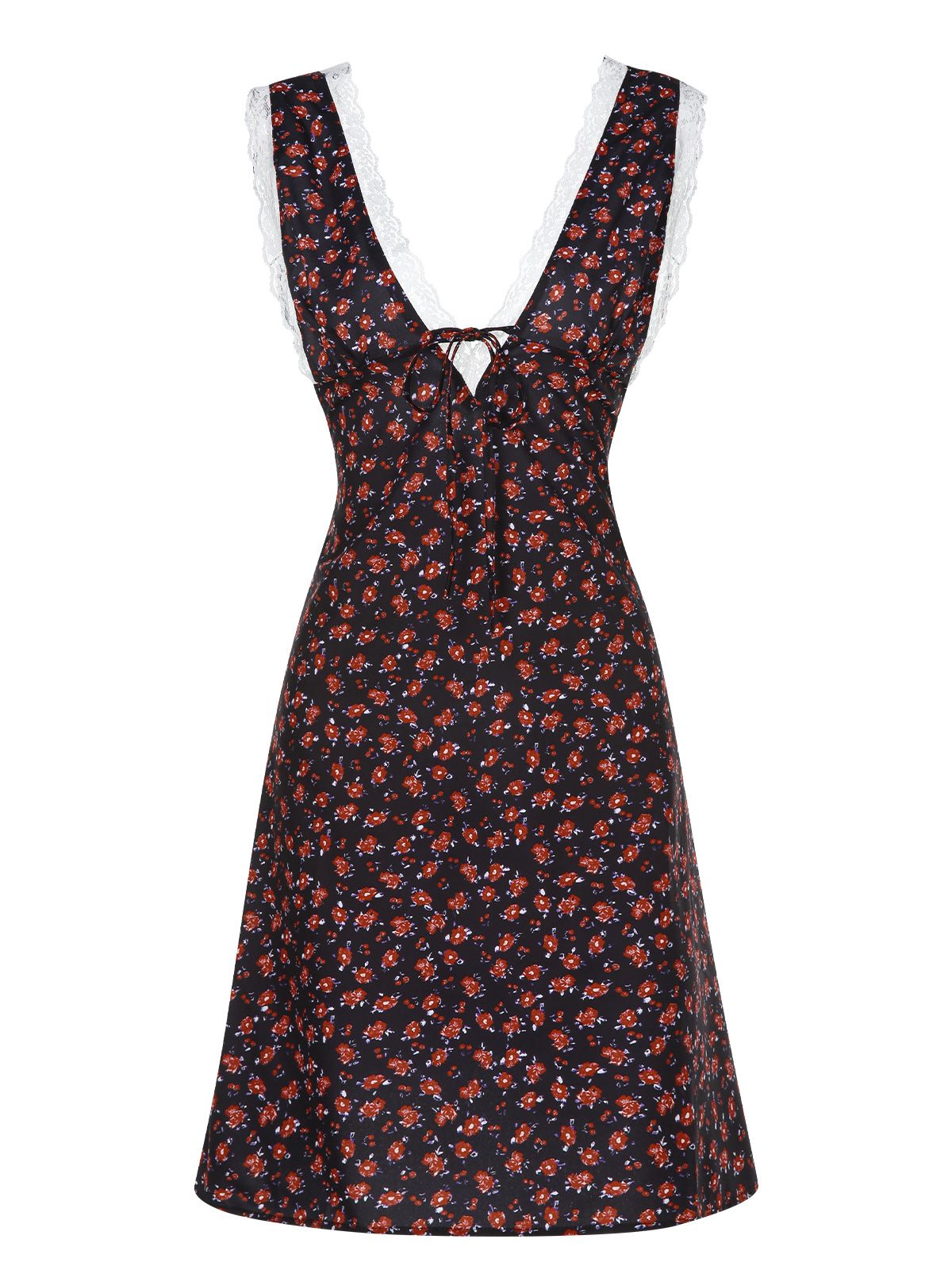 Deep Red  V-Neck Lace Ditsy Floral Dress