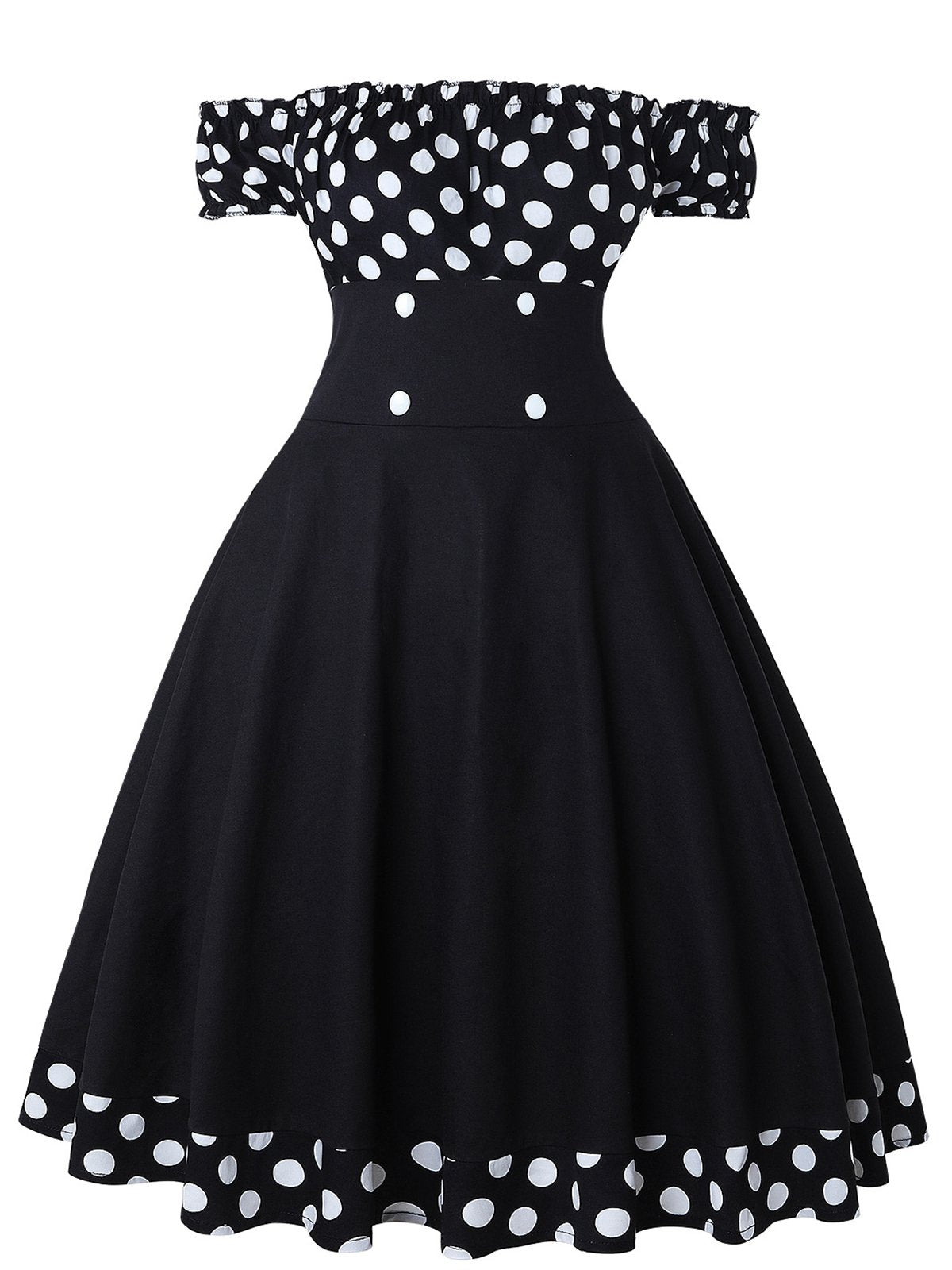 Black Off Shoulder Polka Dots Dress