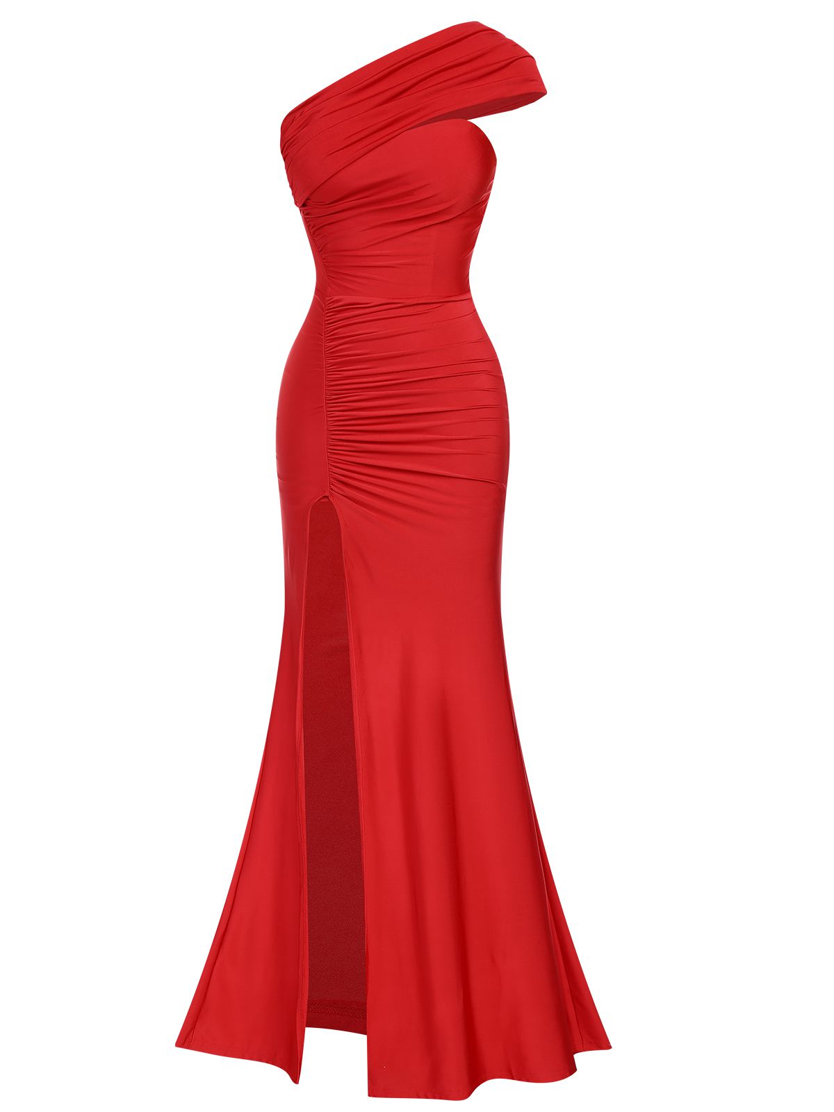 Red Solid One Shoulder Slit Dress