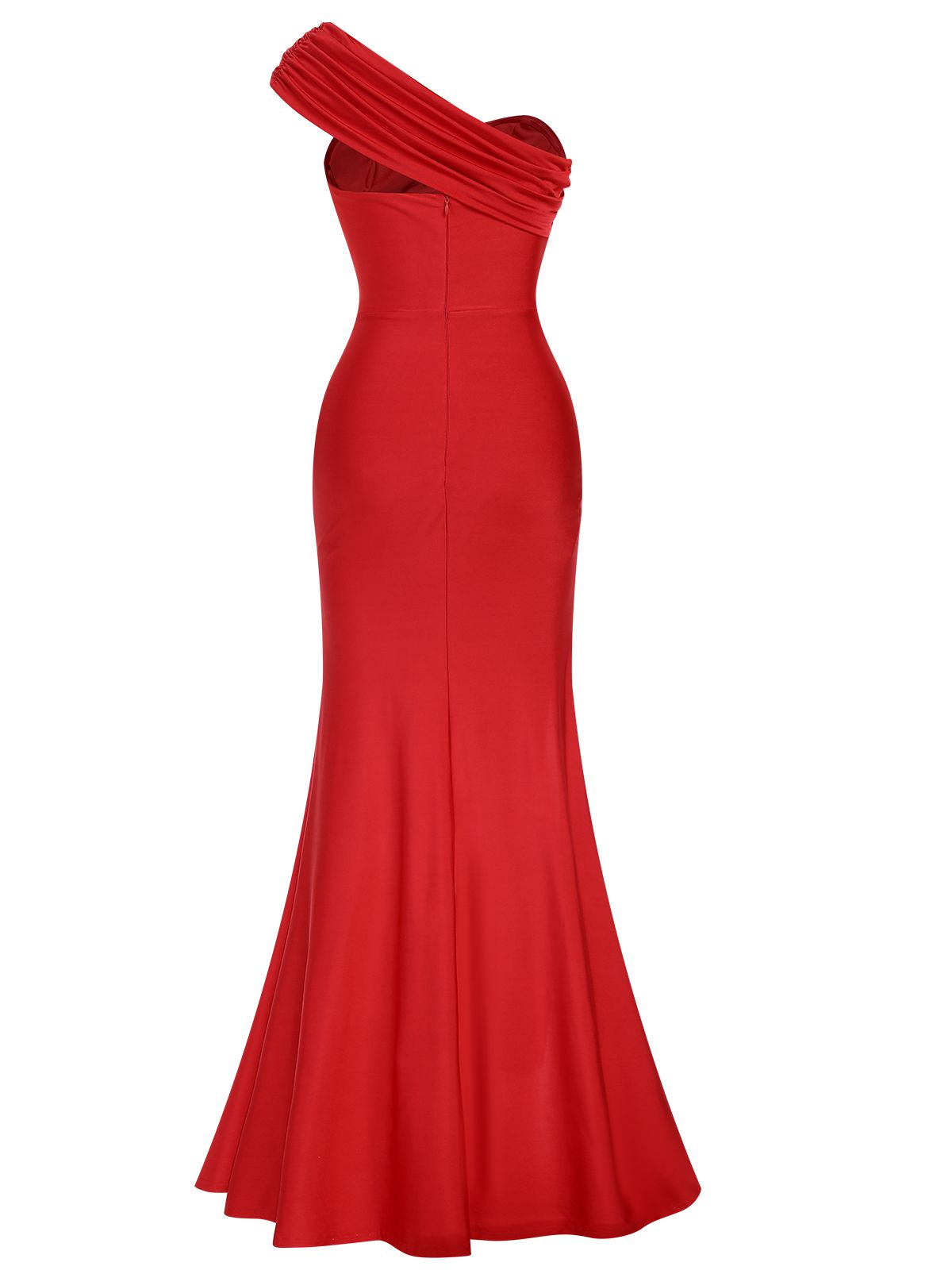 Red Solid One Shoulder Slit Dress